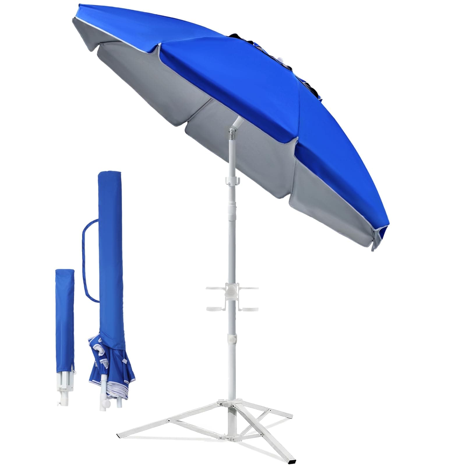 7ft Portable Umbrella with Stand, UPF 50+ Sports Sun Shade Umbrella with Carry Bag, Hook & Cup Holders, Adjustable Instant Sun Protection for Sports, Beach, Fishing, Royal Blue