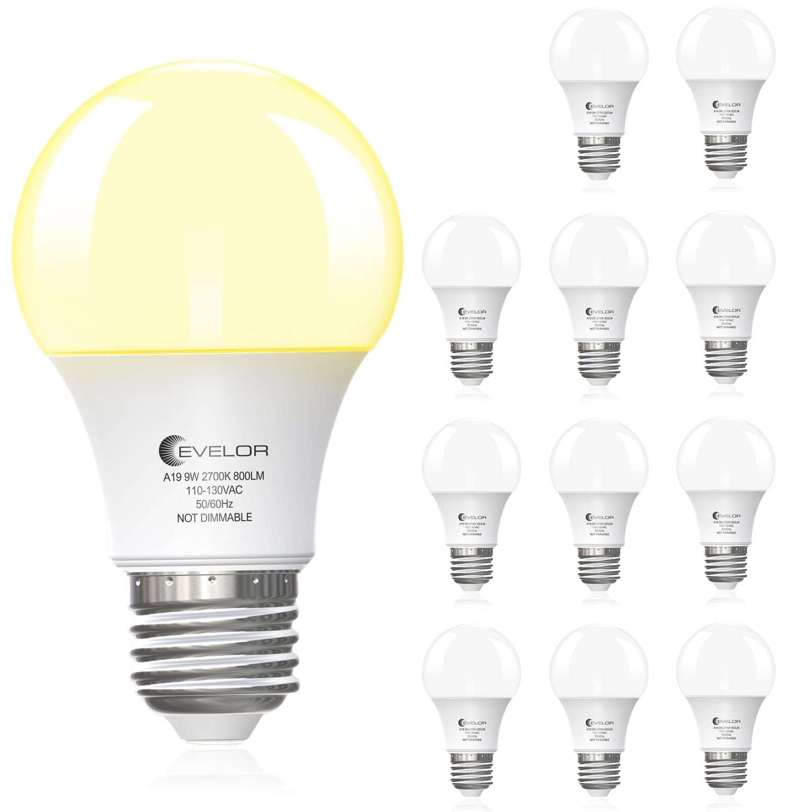 Evelor A19 LED Light Bulbs,60 Watt Equivalent,Soft White 2700K 12-Pack