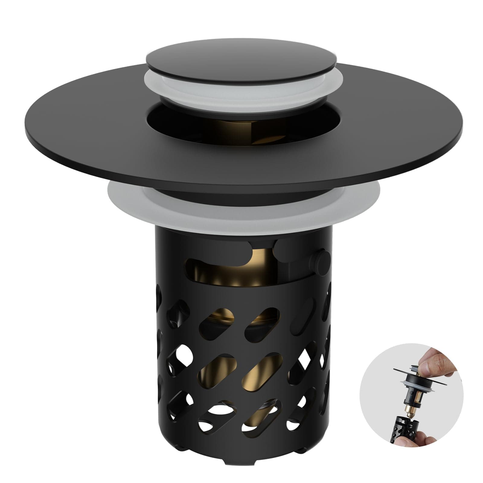 iFealClear Universal Metal Bathroom Sink Stopper, Pop Up Sink Drain Strainer with Removable Stainless Steel Hair Catcher Filter Basket, Fits for 1.1"-2.36" Basin, Brass Bounce Core, Matte Black