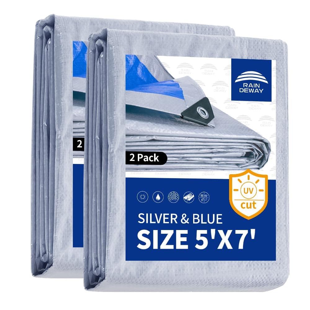 RAINDEWAY Tarps 5x7(2 Pack) Feet 5.5 Mil Multipurpose Waterproof Poly Cover