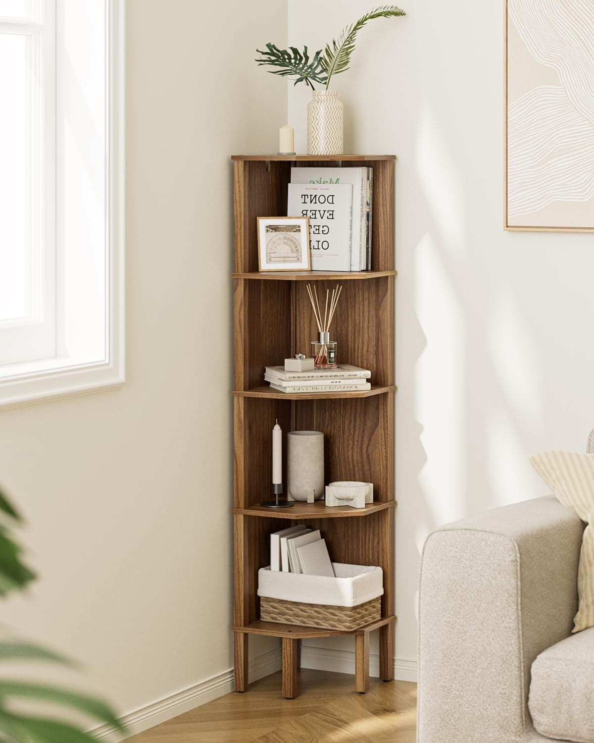 Apetaccat 5-Tier Corner Bookshelf, Corner Shelf Unit and Storage Bookcase for Bedroom, Living Room, Kitchen, Study, Walnut