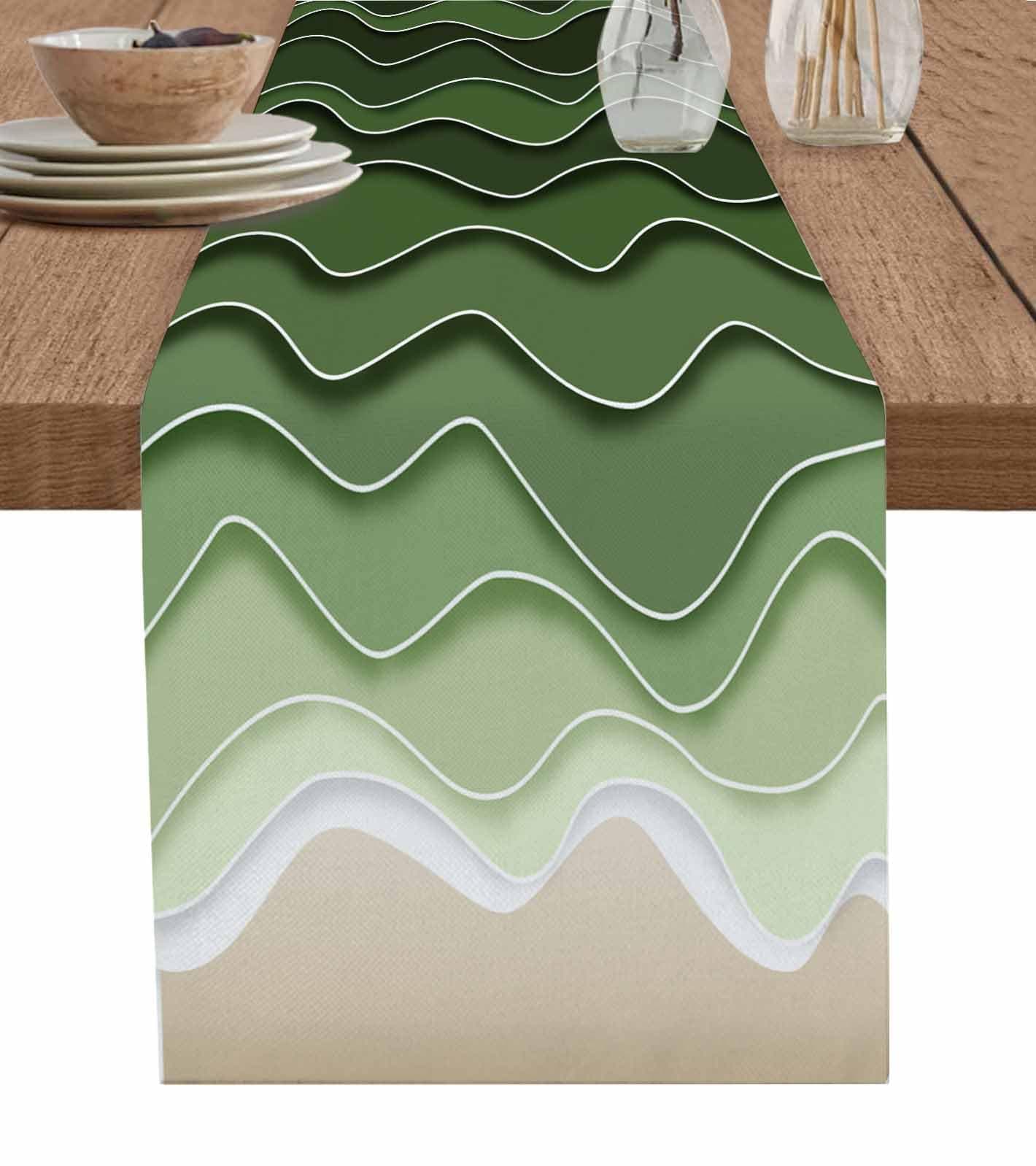 Abstract Gradient Table Runner 13 x 72 Inches, Kitchen Table Runner Sage Green to Khaki Wave Dresser Scarf /Cabinet/ Dinning Table Decor