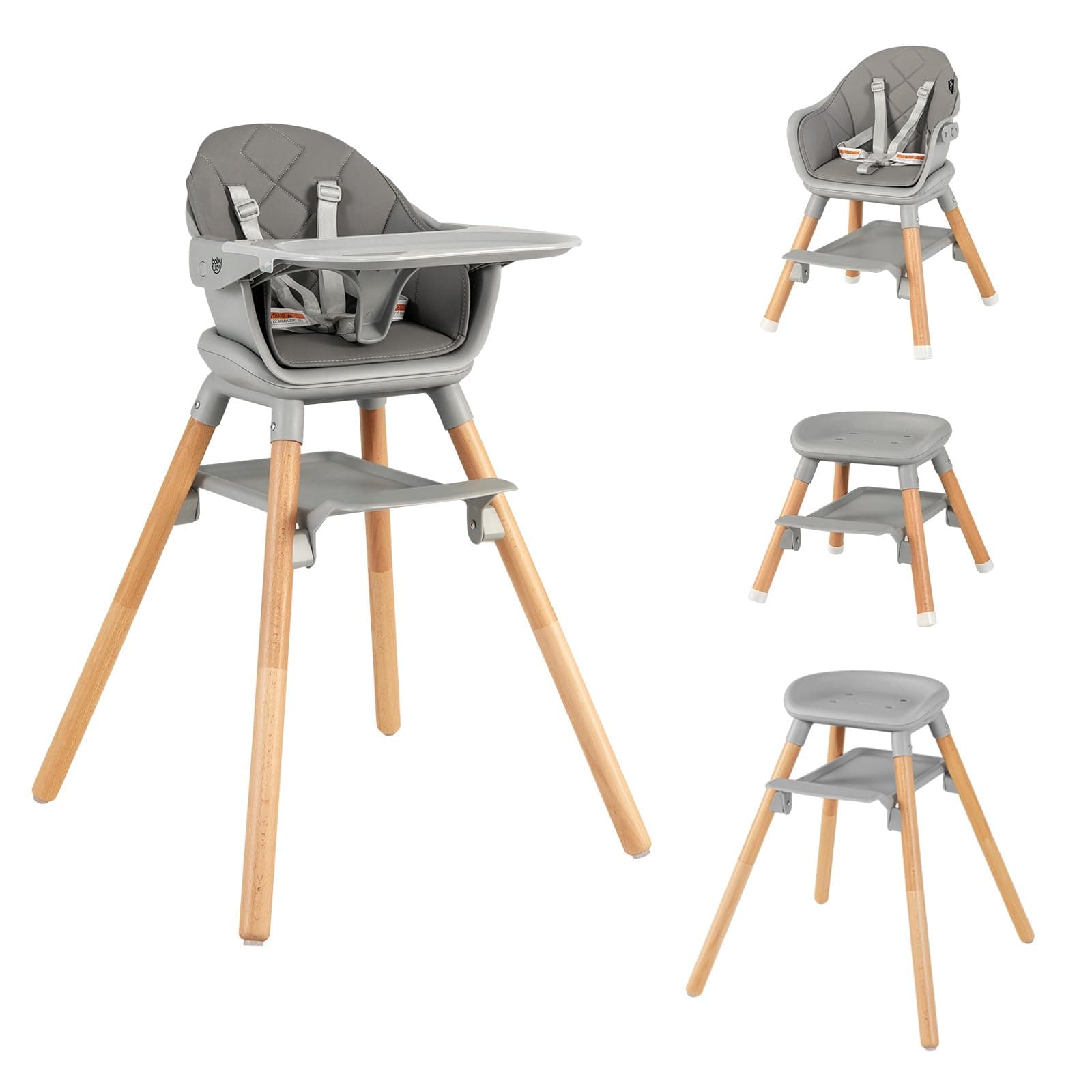 HONEY JOY Baby High Chair, 6 In 1 Convertible Wooden Highchair for Babies and Toddlers/Toddler Chair/Bar Stool, Removable Double Tray & Reversible Footrest, Safety Harness for Infant Boys Girls(Dark Gray)