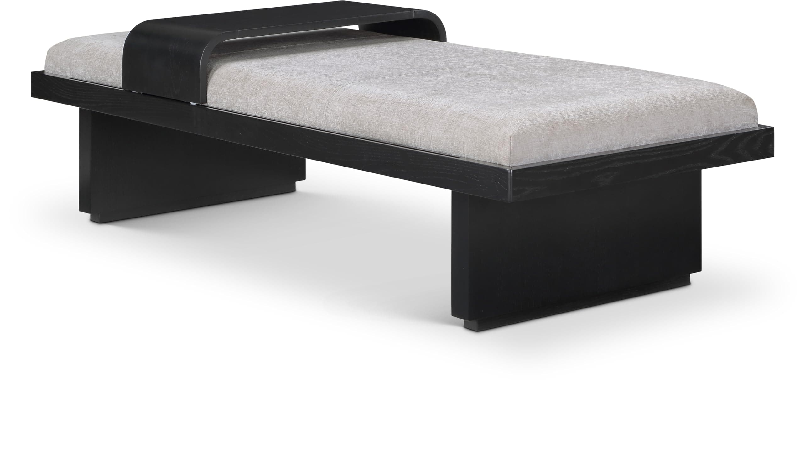 Meridian Furniture 22014Grey Arlington Collection Mid-Century Modern Bench with Soft Light Grey Chenille Fabric, Rich Black Finish, Solid Wood, Sliding Wooden Tray, 65" W x 26" D x 19.5" H, Grey