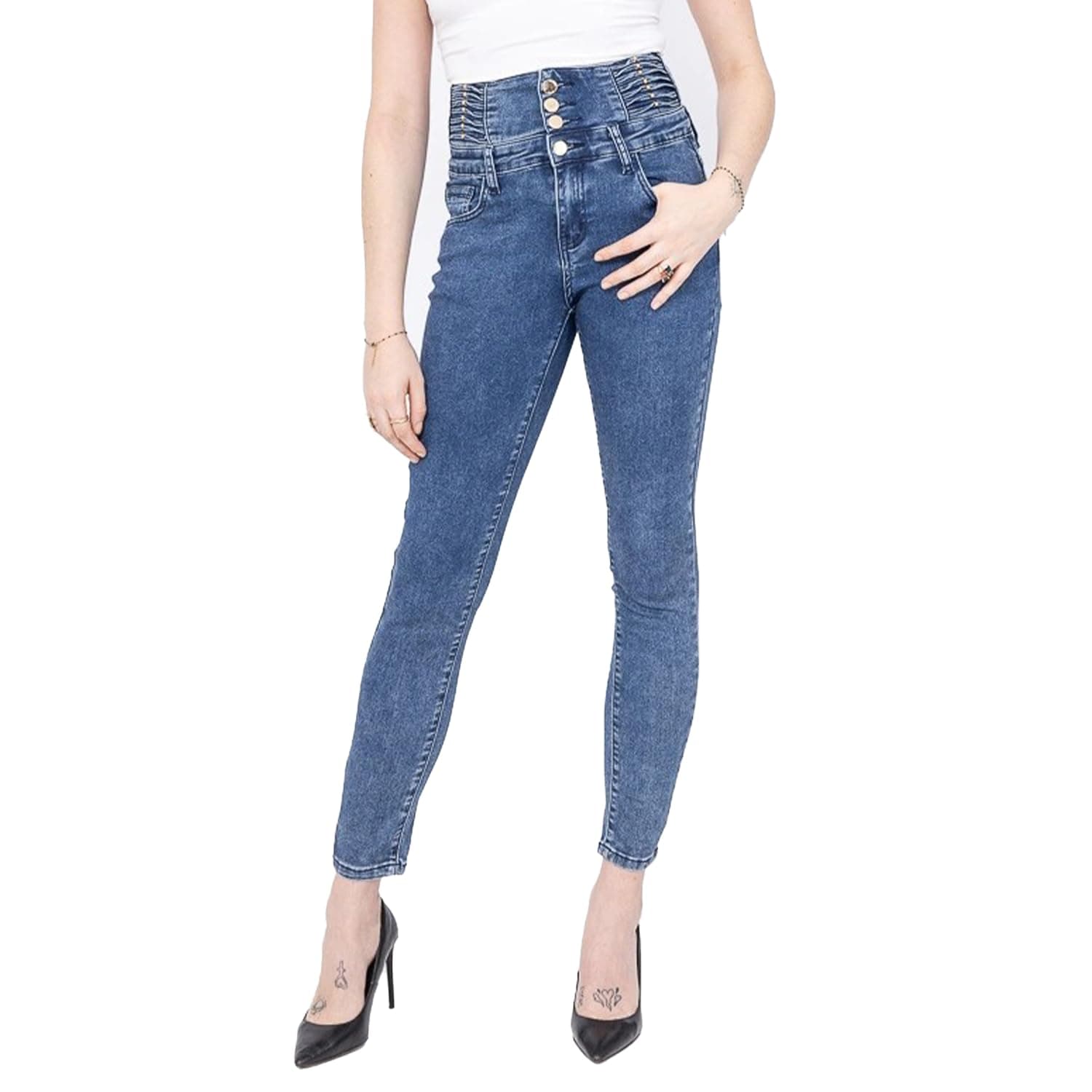 Glook Womens High Waisted Jeans Stretch Skinny Fit Denim with 4 Buttons Pants, Butt Lifting Waist for Women UK (XL, Blue 4)