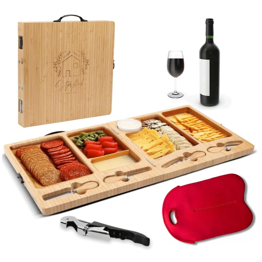 Charcuterie Boards Set - Large Bamboo Cheese Board with Charcuterie Accessories - Wooden Cheese Platter - Foldable Charcuterie Board for House Warming Gifts New Home & Wedding Gifts (Red Bag)
