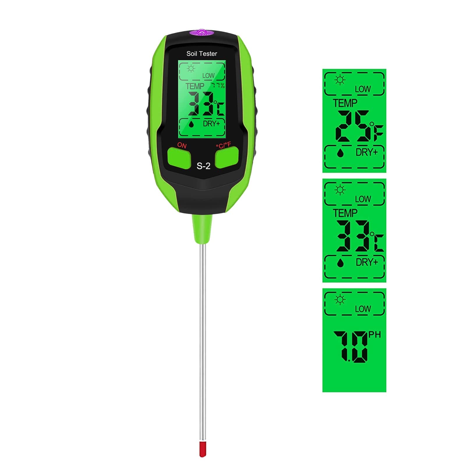 Justmetr Soil PH Meter, 5 in 1 Soil Tester Moisture, Digital Plant Thermometer Test, Moisture Meter Light and PH Tester for Plants, Gardens (Green)