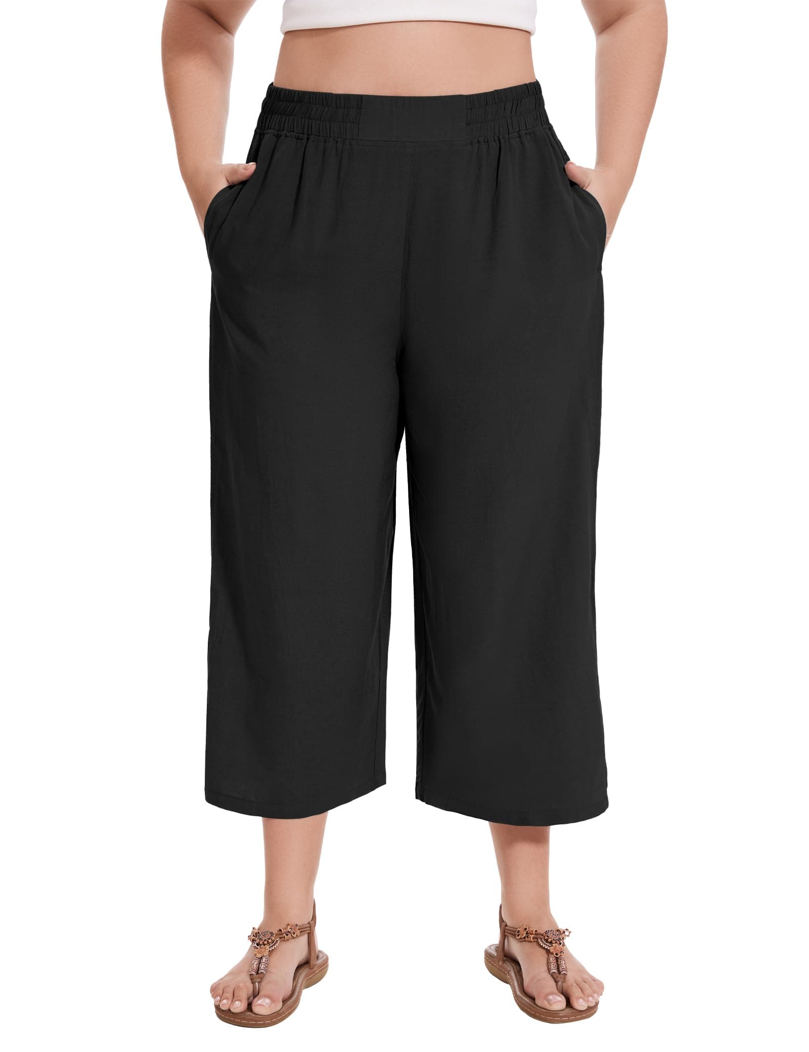FOREYOND Plus Size Linen Capris Pants High Waisted Wide Leg Pants Loose Fit Yoga Pants with Pockets Travel Casual 1XL-5XL, Black, 3X-Large Plus
