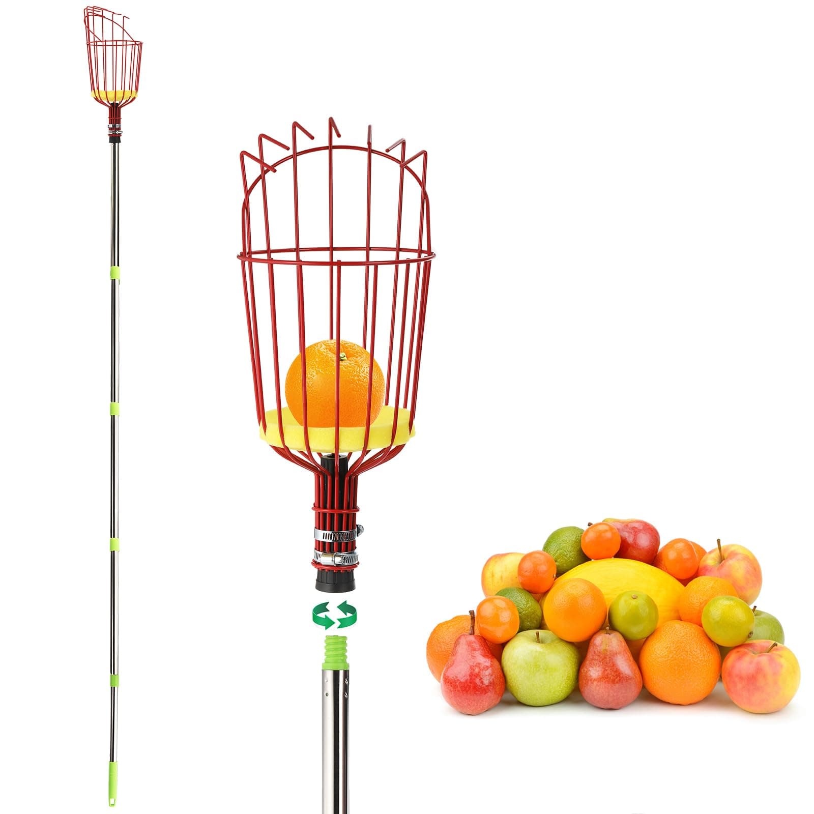 Suwimut 8FT Fruit Picker Pole Tool with Basket, Telescoping Fruit Picker Pole with Easy to Attach Twist-on Basket, Adjustable Fruit Catcher Equipment Tree Picker for Avocado Lemon Pear Mango Orange