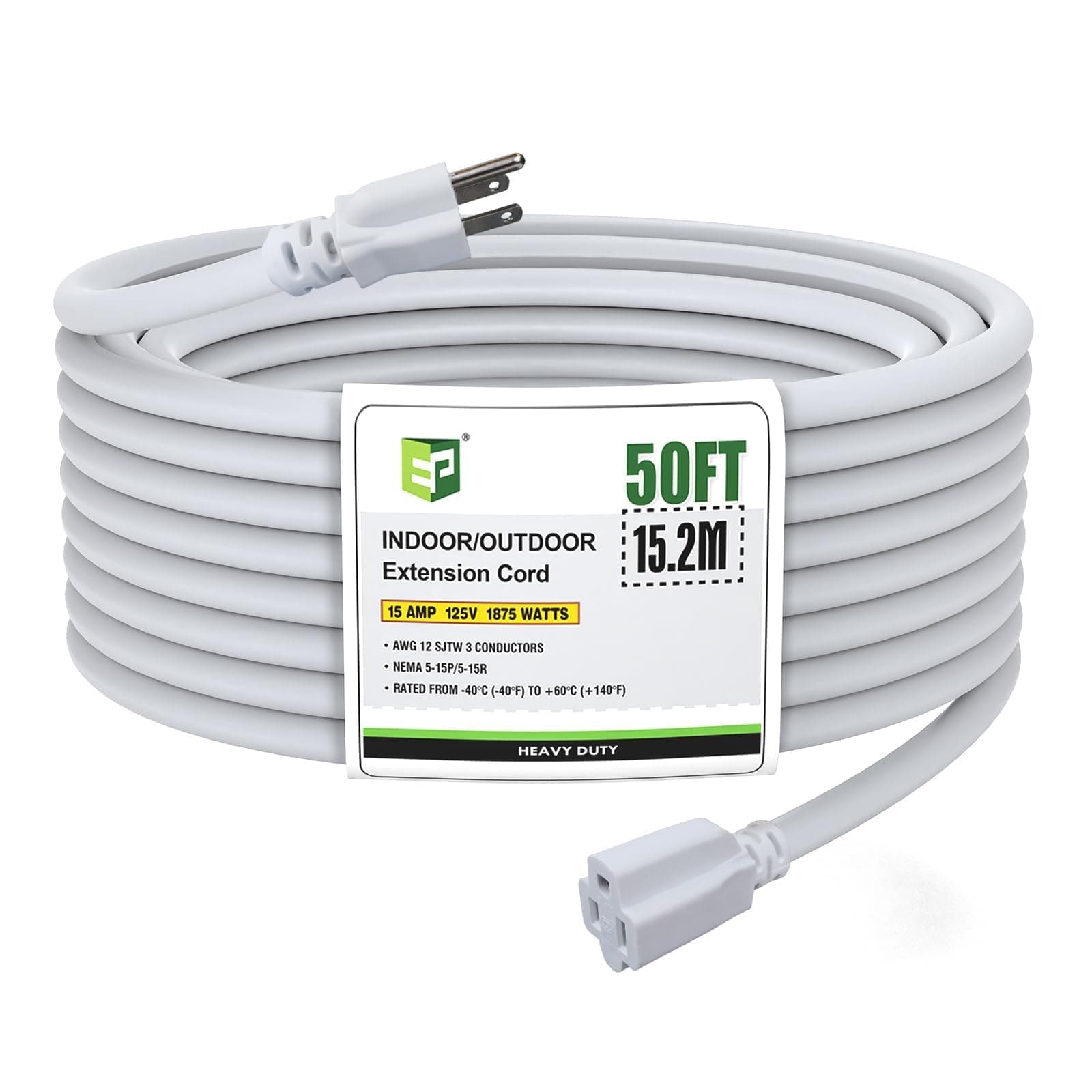 EP 50 Ft Heavy Duty Outdoor Extension Cord, 12/3 SJTW White 3-Prong