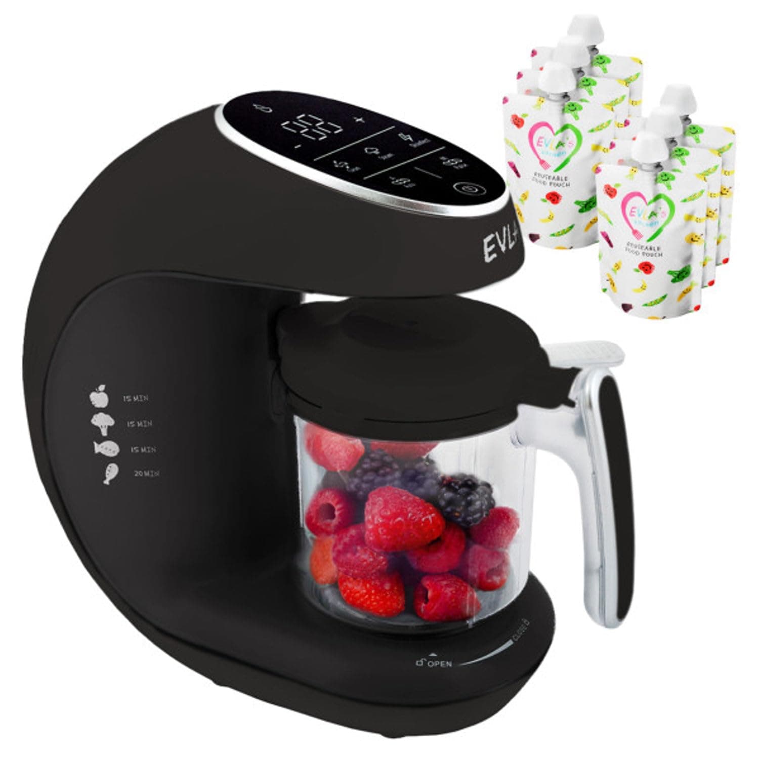 EVLA'S Baby Food Maker, Steamer, Blender, Baby Food Processor for Healthy Homemade Baby Food in Minutes, Touch Screen with 6 Reusable Food Pouches, Baby Registry Essential, Dark Grey