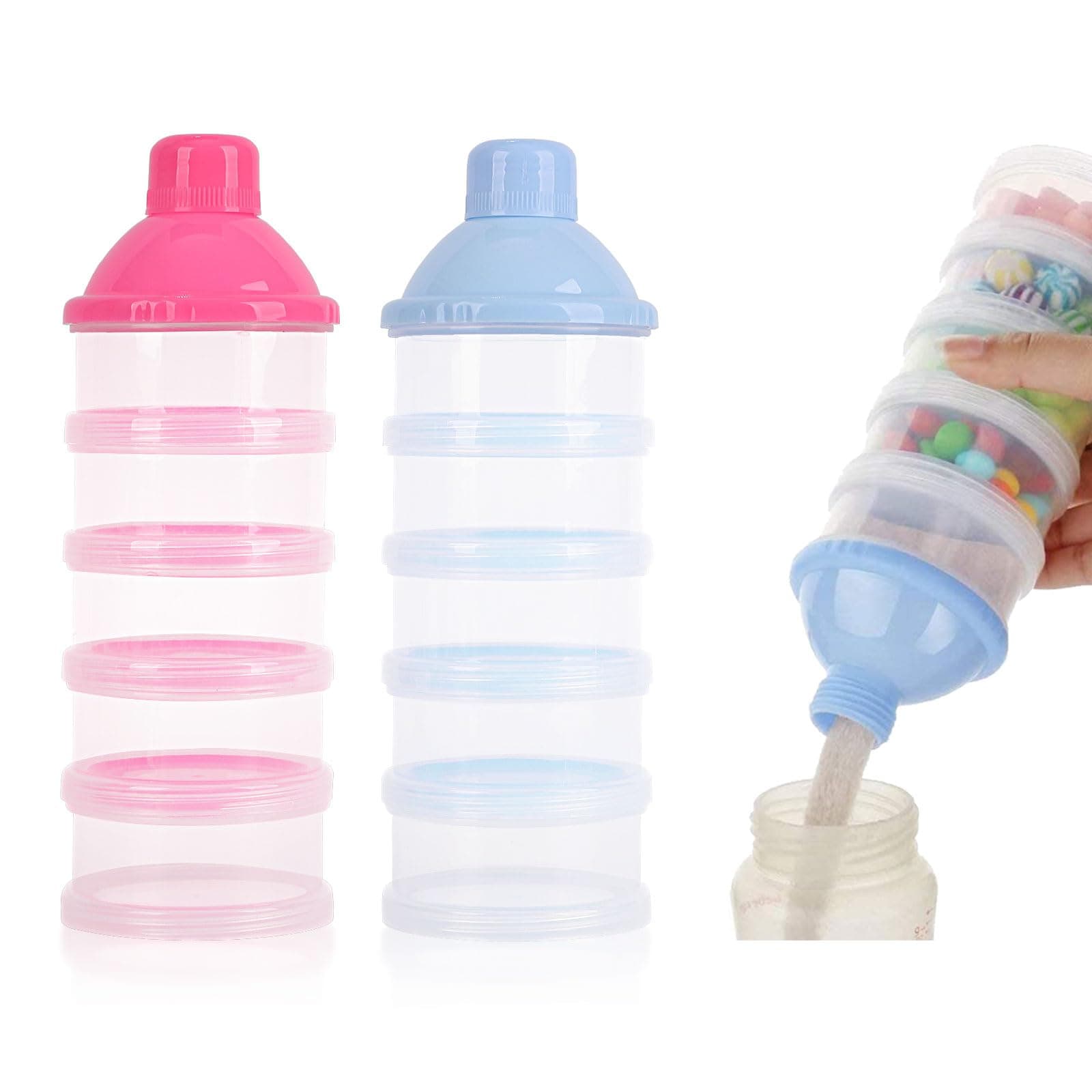Manwetye 2 PCS 5 Layers Baby Milk Powder Dispenser, Milk Powder Pots, Formula Dispenser Portable Milk Powder Formula Dispenser Container Pot Box Milk Cans Snack Storage Box for Travel (Pink + Blue)