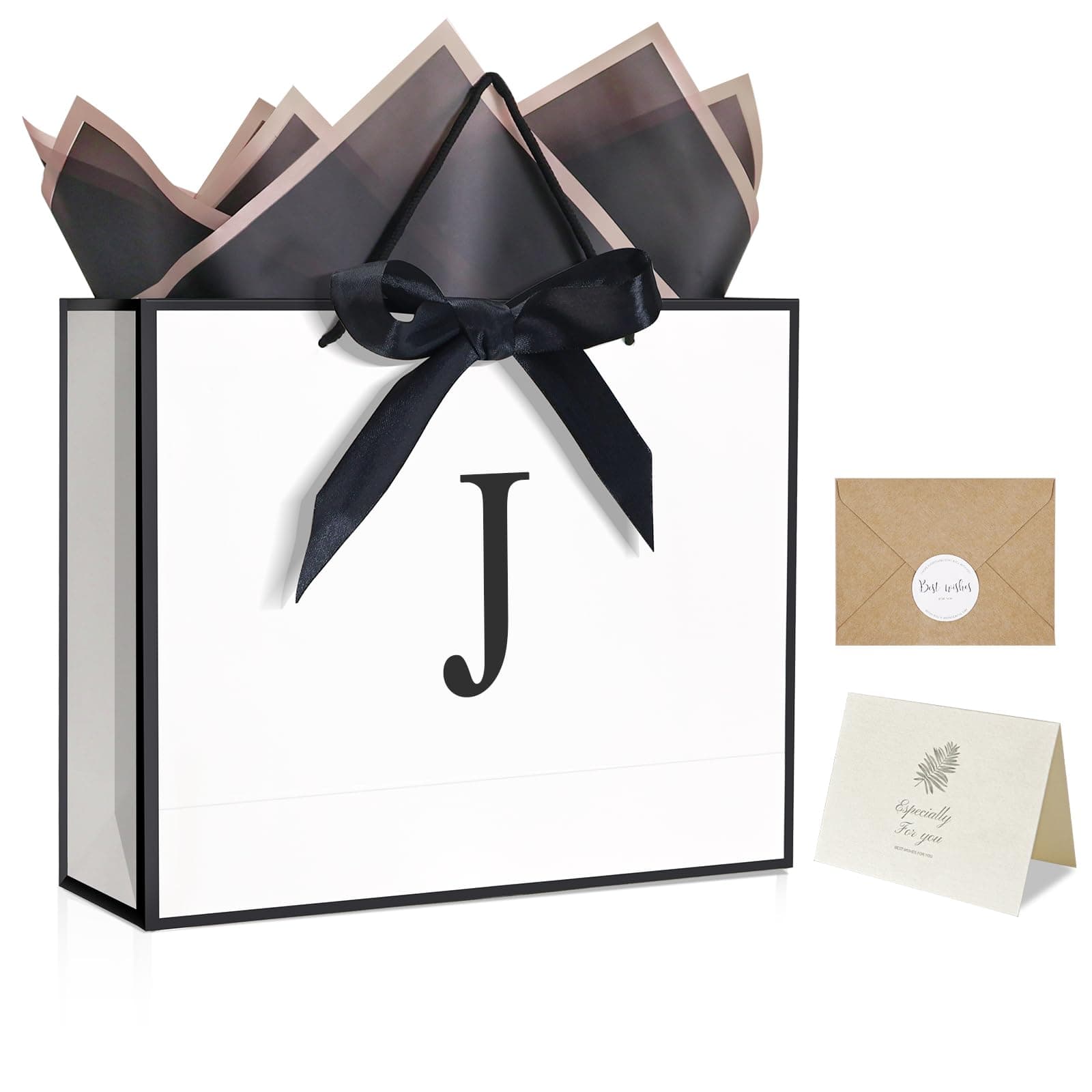 QLSKO Monogrammed Gift Wrap Bag Personalized Initial Paper Bag with Card Matching Envelope Sticker,Bow Ribbon and Wrapping Tissue Birthday Gifts for Women Men (White, J-Medium)