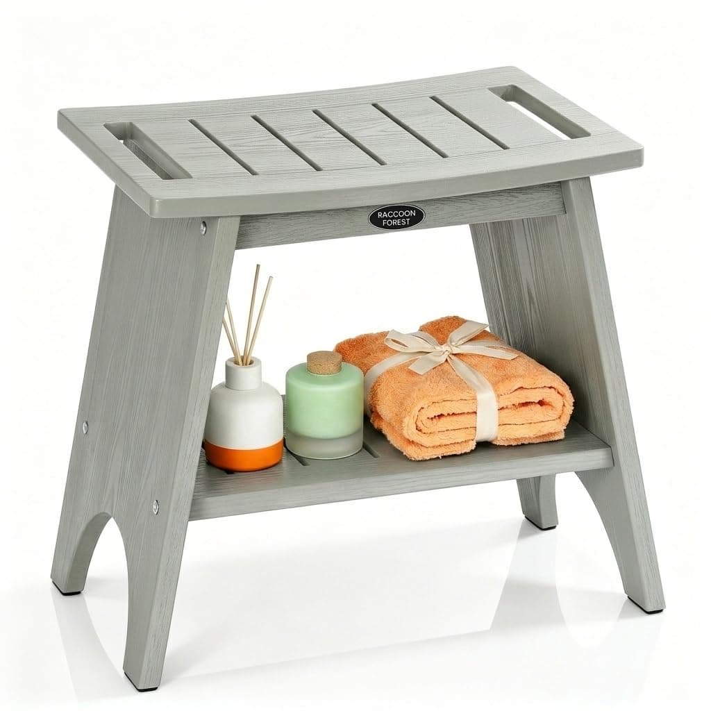 Shower Bench for Inside Shower, Waterproof Shower Seat with Handles, Bathroom Shower Chair for Inside/Outside, Shower Bench Seat with 2-Tier Storage, Non-Slip, Grey