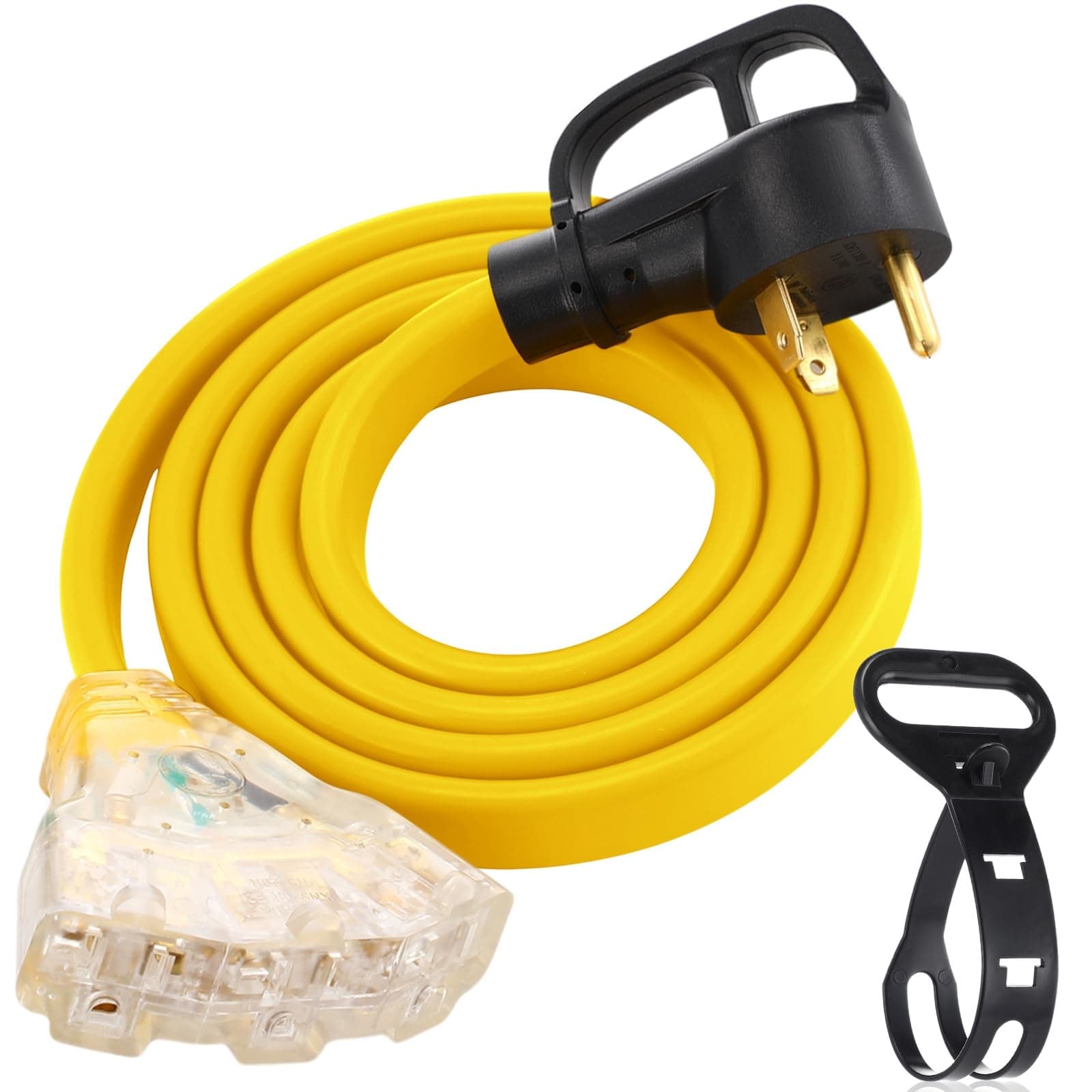 Tellegloww 6.6 FT Flat RV Generator Adapter Cord Compatible with NEMA TT-30P to 3X 5-20R/5-15R, 30A to 110V 15/20 A Household Outlet Adapter, 10 Gauge Flat RV Generator Extension Cord, ETL Listed