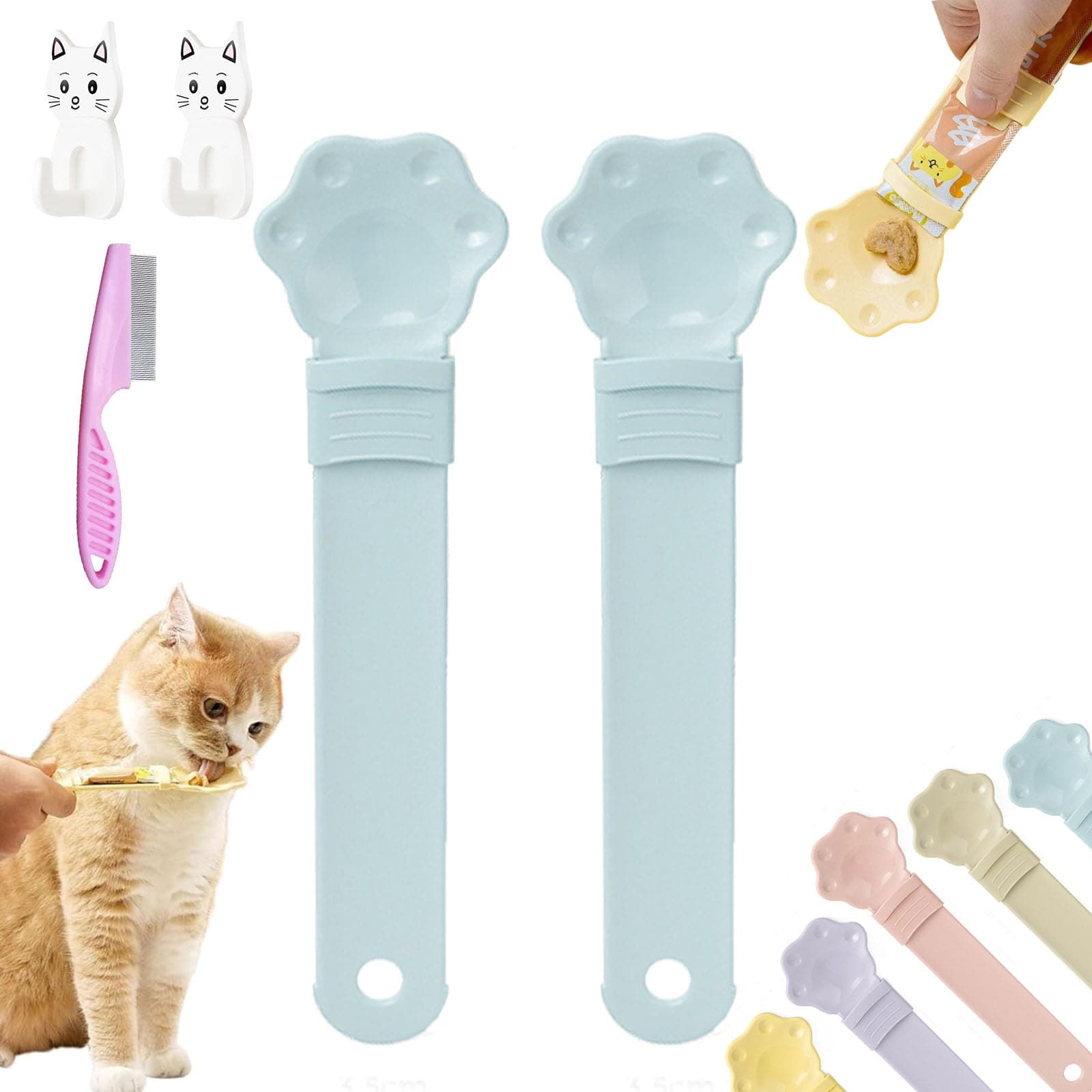 Happy Spoon for Cats, Cat Happy Spoon, Happy Spoon Cat Treat Feeder, Cat Strip Happy Spoon, Multi Functional Cat Strip Feeder Squeeze Spoon (2Pcs-Cat Paw Blue)