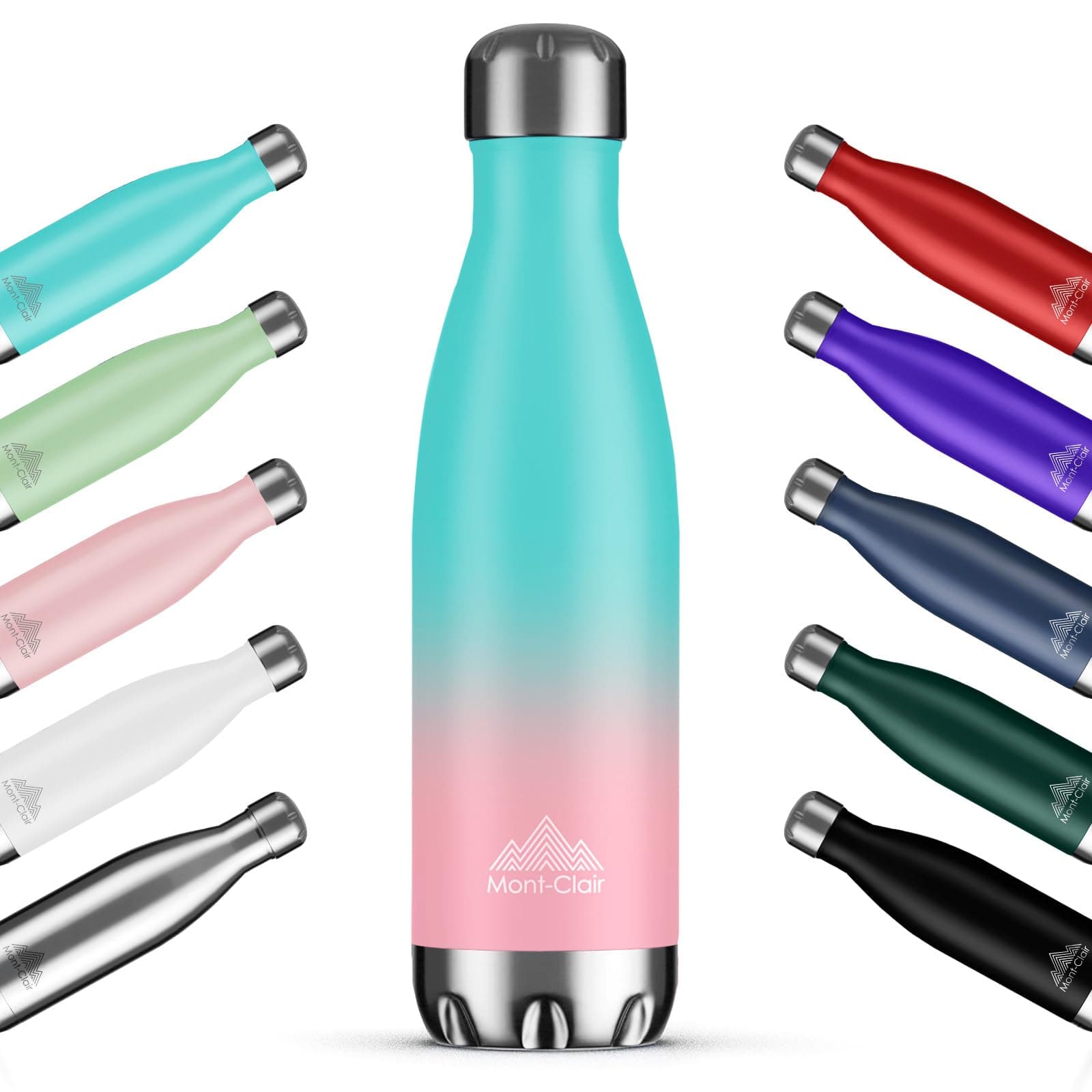Mont-Clair H2O Stainless Steel Water Bottle, Vacuum Insulated - BPA Free, 12h Hot & 24h Cold Drinks Bottle, Metal, 1L Leakproof, Ideal for Adult, Kids, Running - Gradient Cyan/Pink