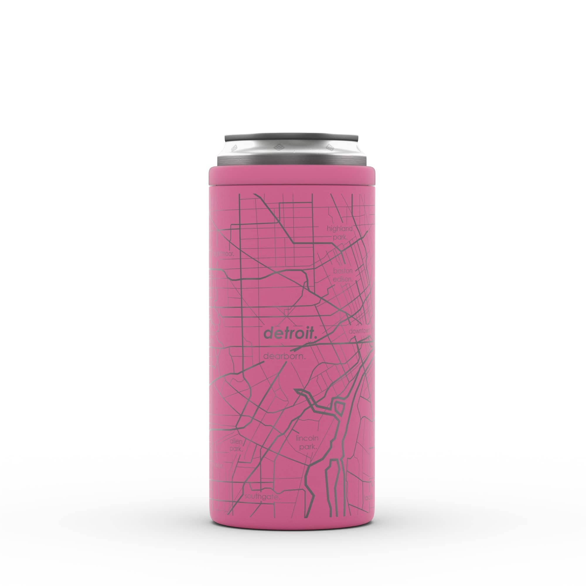 Well Told Engraved Detroit Michigan Map Insulated Slim Can Cooler, Etched Can Insulator (12 oz, Sunset Pink) City Map Can Cooler, Custom Slim Can Insulator, Outdoor Drinkware