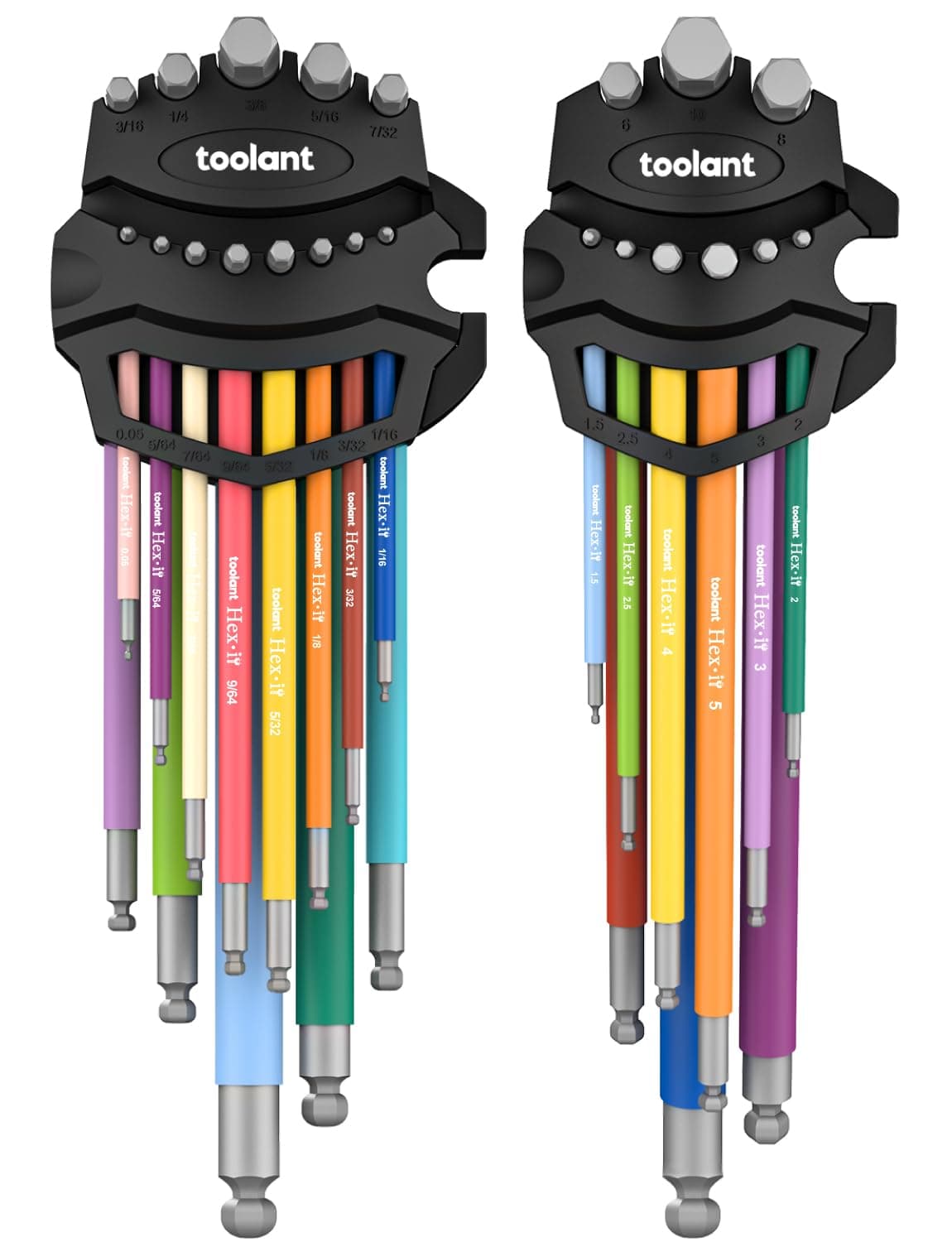 Toolant Allen Wrench Set of 22 (Metric & SAE) Extra Long Arm Ball End Hex Key Wrench Set with Color Coded Sleeves and Unique Patented Design to Magnet and