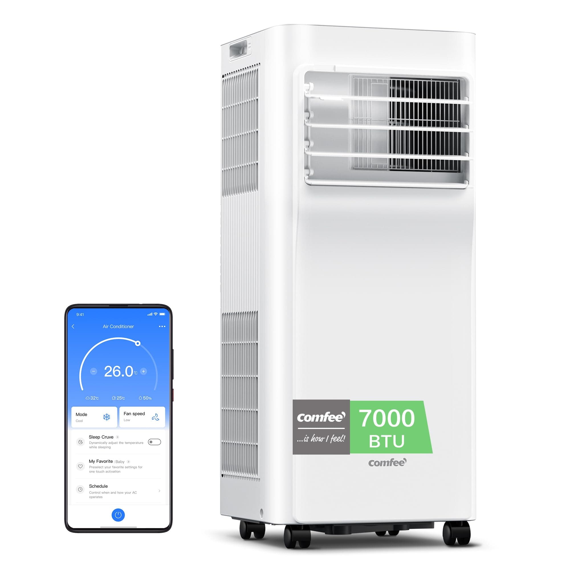 COMFEE' Condizionatore Portatile 7000 BTU/H, Breezy Cool Pro 2.0, Controllo WiFi, 3-in-1 Climatizzatore Portatile, Ventilatore, Raffreddamento, Deumidificazione, 24H Timer
