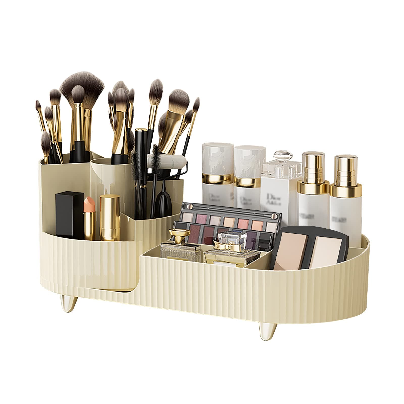 DASITON Large Capacity Makeup Brush Holder,360° Rotating Makeup Organizer,9 Slot Makeup Brushes Cup,for Vanity Decor,Bathroom Countertops,Desk Storage Container,Cosmetic Display cases(Cream-L)