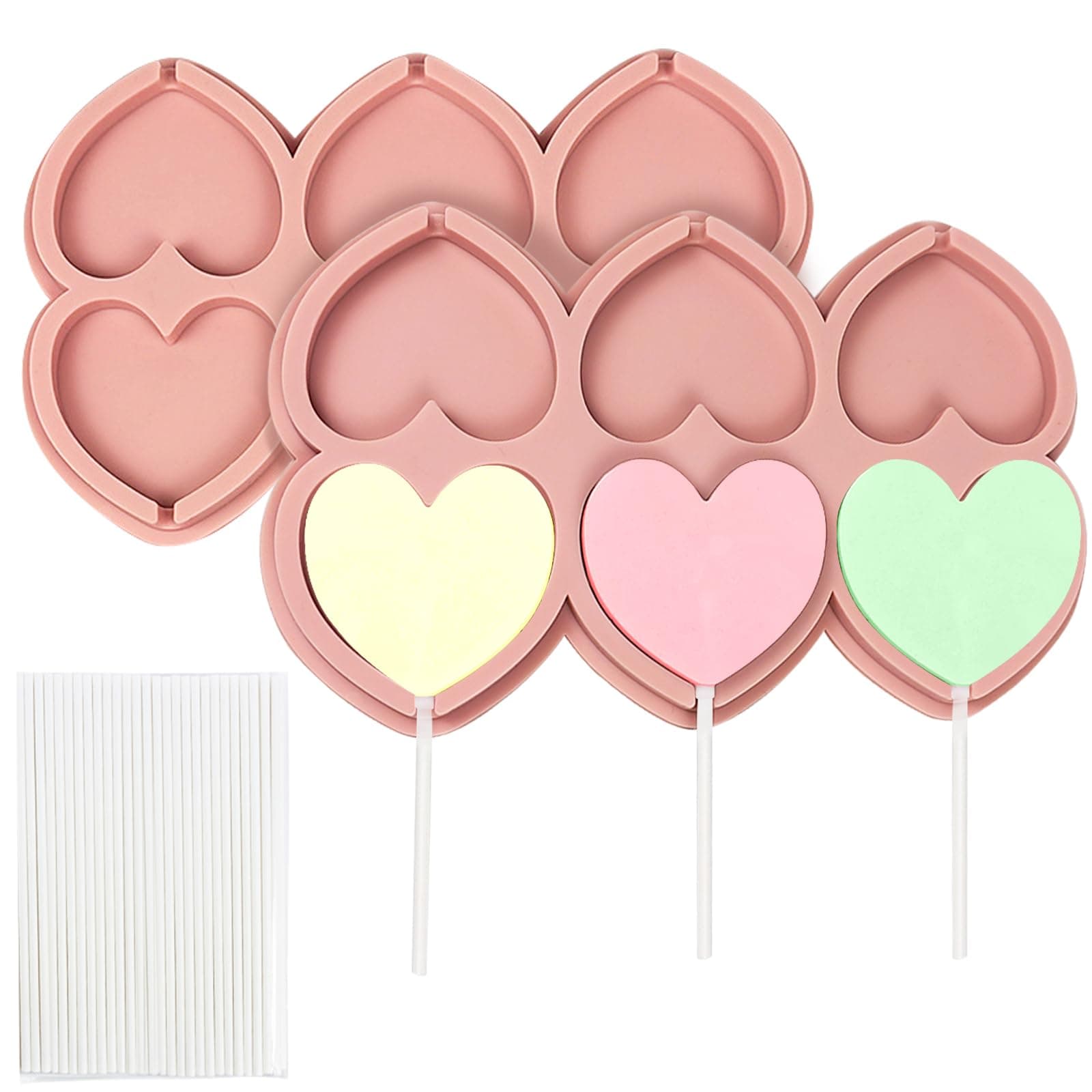 EDUEE Heart Lollipop Molds 2 inch Silicone Chocolate Lolly Mold 2 pcs Lollipop Candy Molds with 25 Sticks for Mothers Valentine's