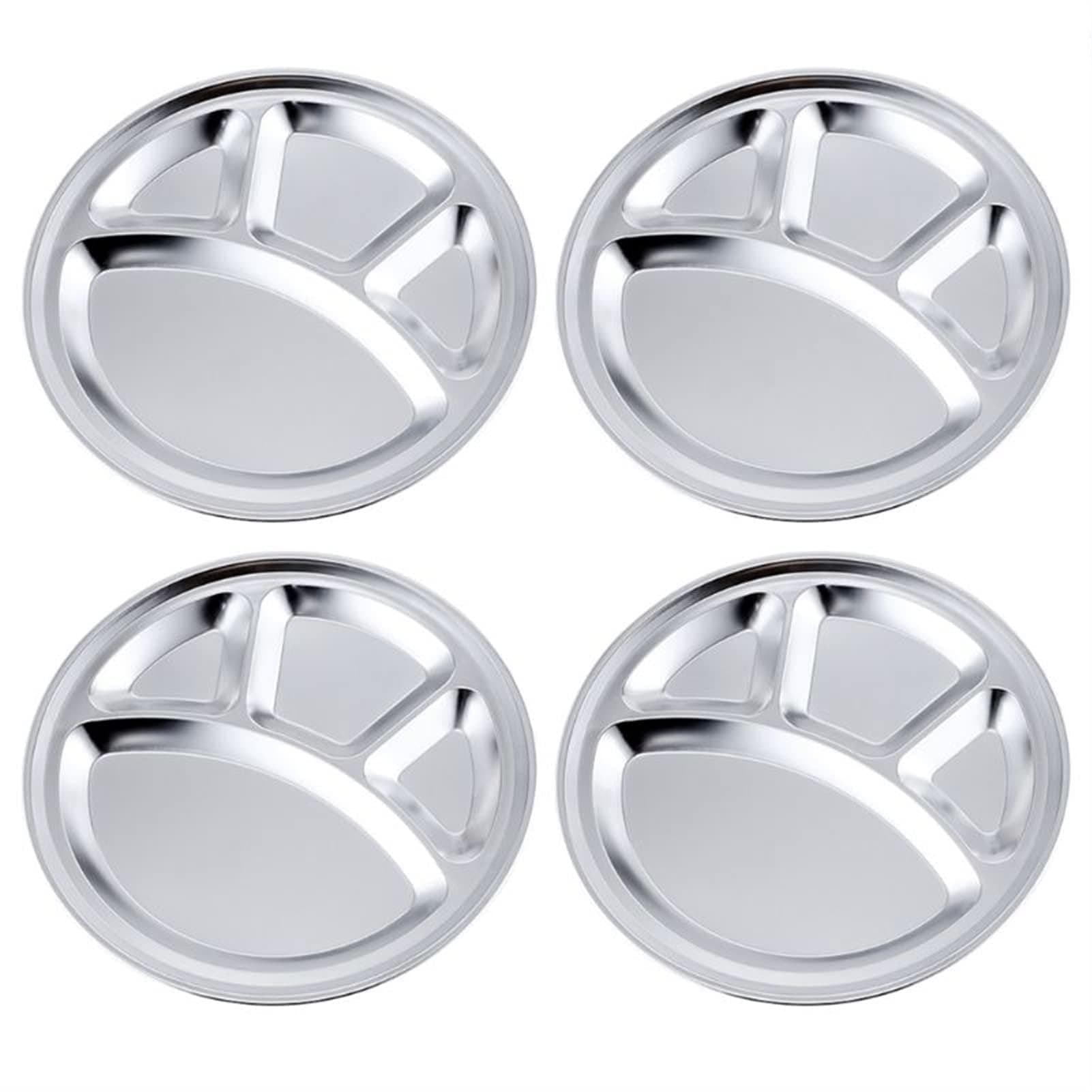 Stainless Steel Round Dinner Plates,Divided Plat 304 Stainless Steel 4 Sections Round Divided Plate Silver Pack of 4