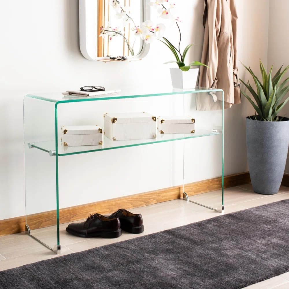 Waterfall Console Table with Top Shelf (30" H x 43" W x 14" D), 12 mm Clear Bent Modern Home Office Furniture, Tempered Glass Sofa Table for Entryway,Console Table Desks