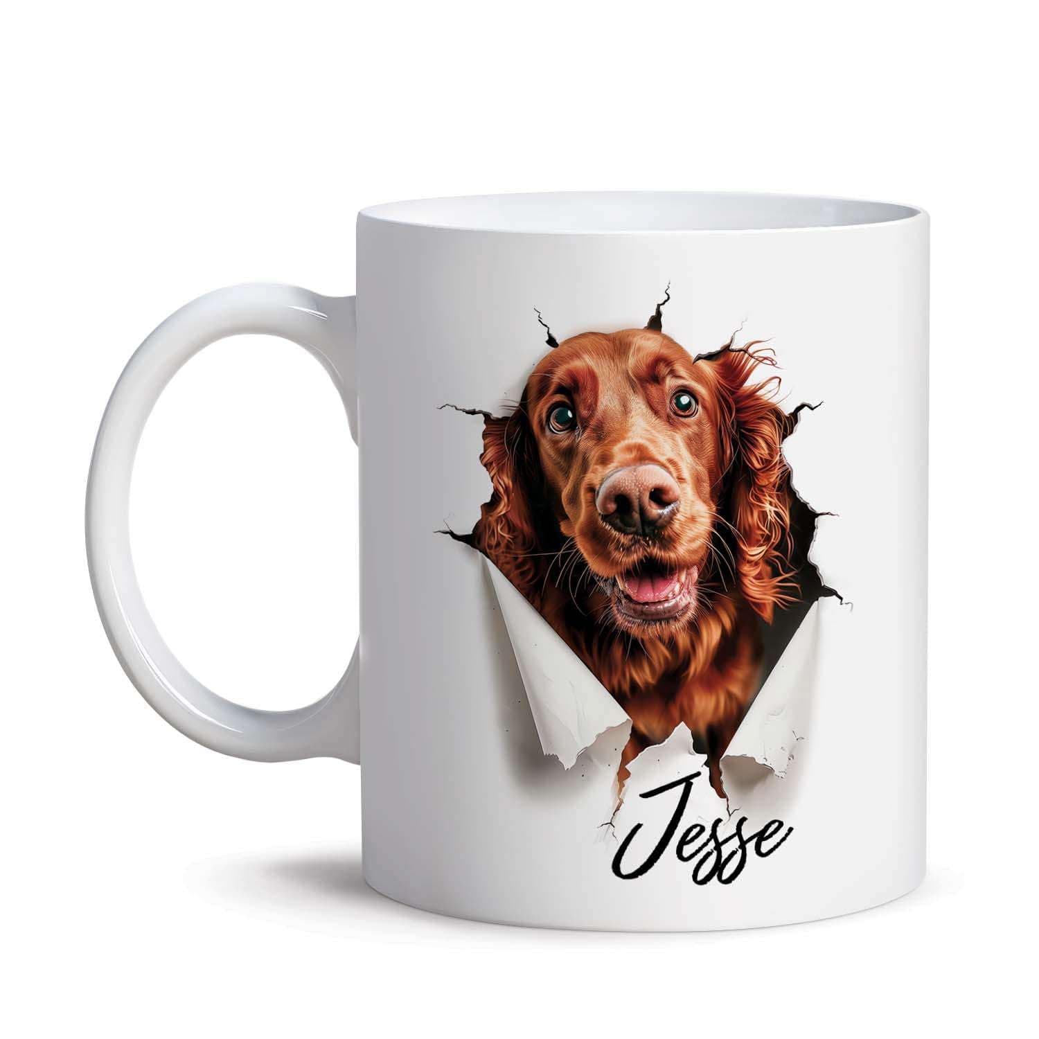 Funny 3D Irish Setter Dog Mug, Dog Breaking Through A Wall Mug, Custom Pet Lovers Coffee Mug, Customized Name White Cup 11oz, Personalized Dog Pet Birthday Cup, Dog Ceramic Mug