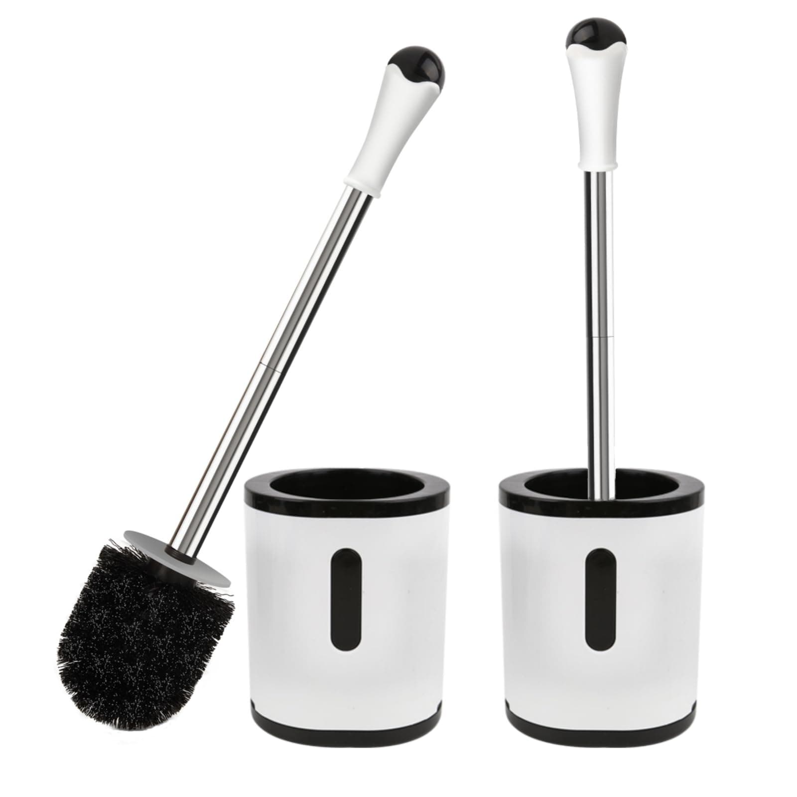 Toilet Brush and Holder, 2 Pack Compact Size Toilet Bowl Brush with Stainless Steel Handle, Small Size Plastic Holder Easy to Hide, Space Saving for Storage, Drip-Proof, Easy to Assemble White & Black