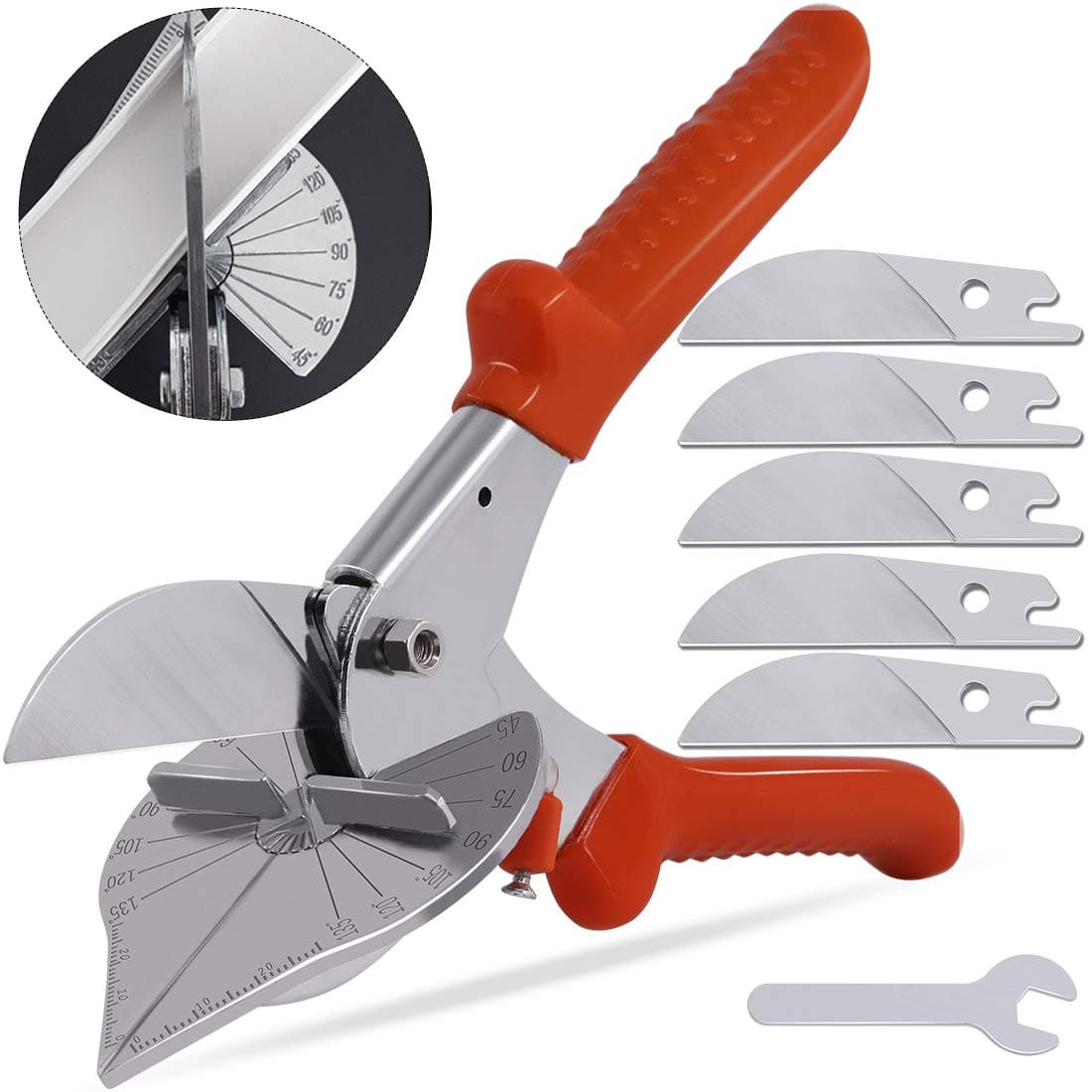 Keadic Multi Angle Miter Shear Cutter with Wrench and 5Pcs Upgrade Spare Blades, 45-135 Degree Adjustable Angle Scissors Trim Shears Tools Quarter Round Cutting Tool for Vinyl Wood Molding Trim