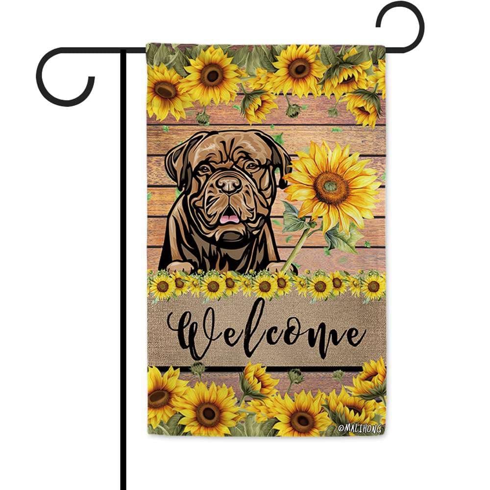 MALIHONG Sunflower Welcome Garden Flag Dogue De Bordeaux Dog Summer Floral Small Flag 12.5x18 Inch Vertical Double Sided Farmhouse Garden Yard Garden Decor