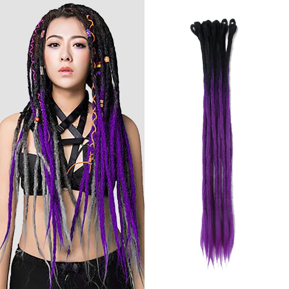 Dsoar 24 inch Dreadlock Extensions Ombre Black and Purple 20pcs Synthetic Dreads Reggae Handmade Corchet Braiding Hair with Dreads Cover