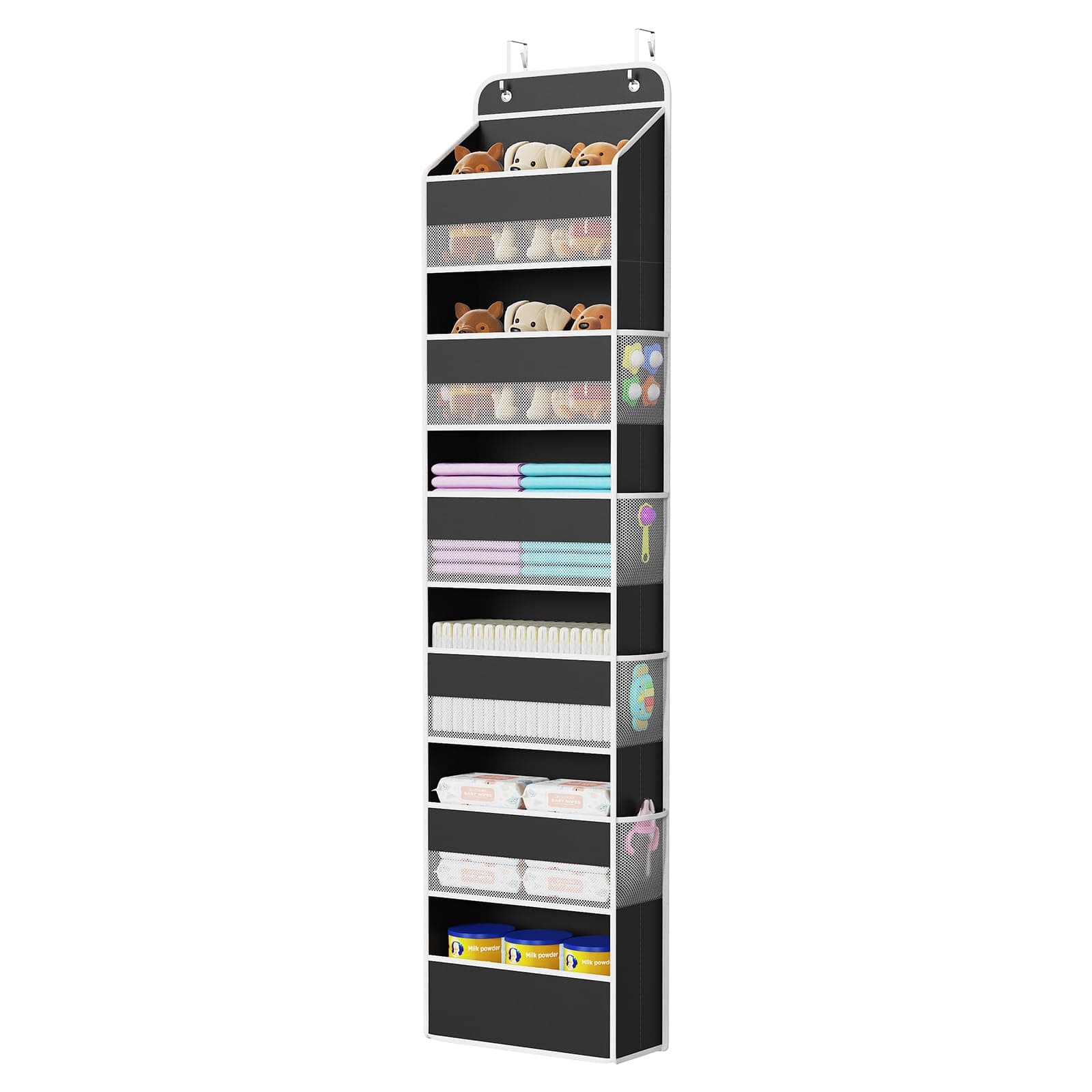 Univivi Door Hanging Organizer Nursery Closet Cabinet Baby Storage with 6 Large Compartments and 8 Side Pockets for Cosmetics, Toys and Sundries (Black)