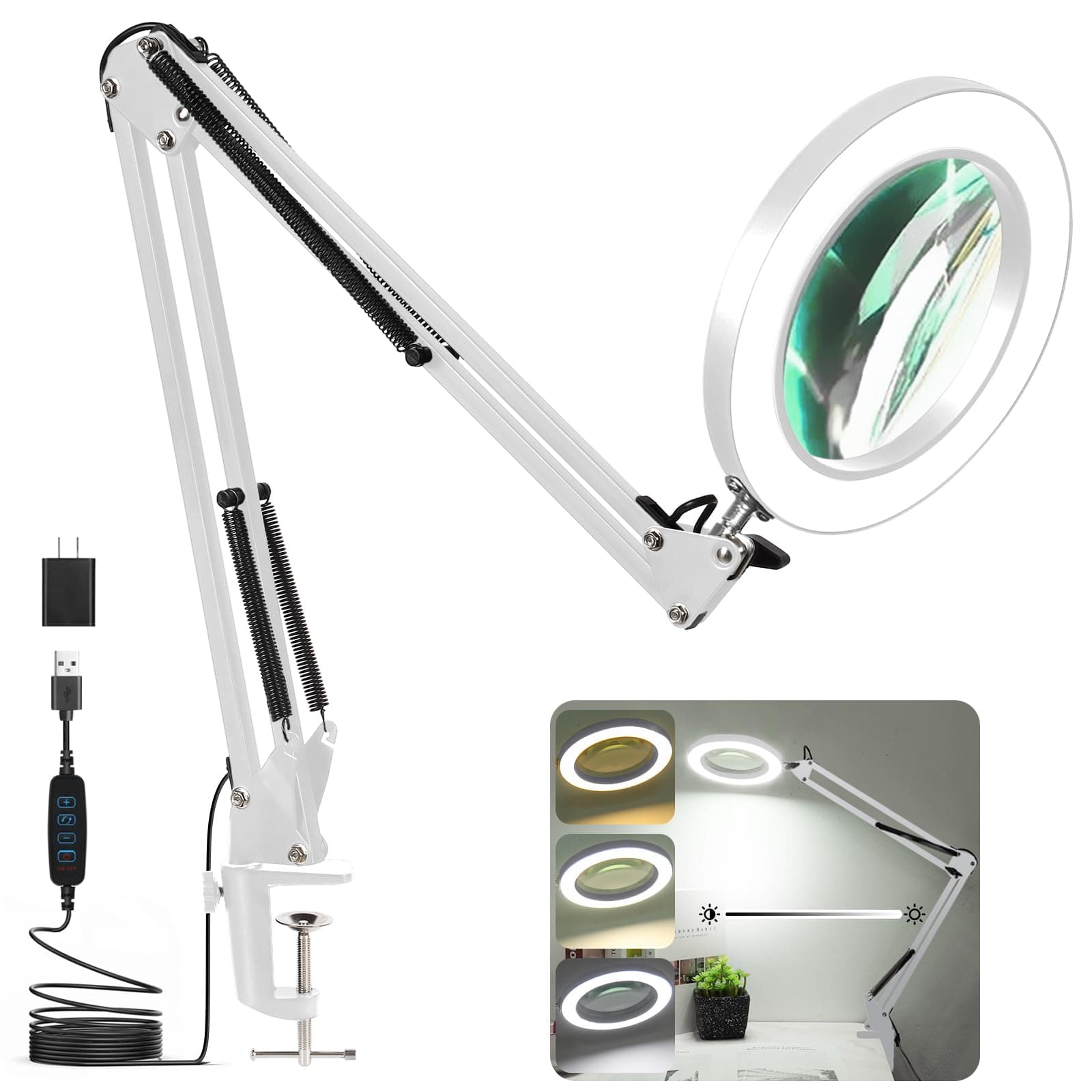 Magnifying Glass with Light and Stand, Veemagni 12X / 5In Real Glass Magnifying Desk Lamp & Clamp, 3 Color Modes Stepless Dimmable, LED Magnifier Light for Esthetic, Reading, Close Work, Craft -White