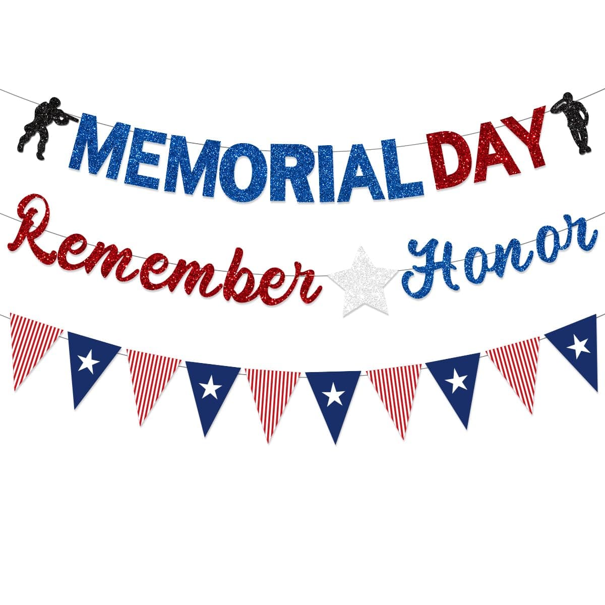 FHGG Pre-Strung Memorial Days Banner Decorations Glitter Blue Red Sliver Remember and Honor Garland 4th of July Day Patriotic Decorations for Office Home Outdoor Indoor Party NO DIY