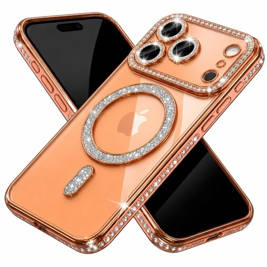 Doulings Magnetic Glitter Diamond Clear Case for iPhone 15 Pro Max,Orange