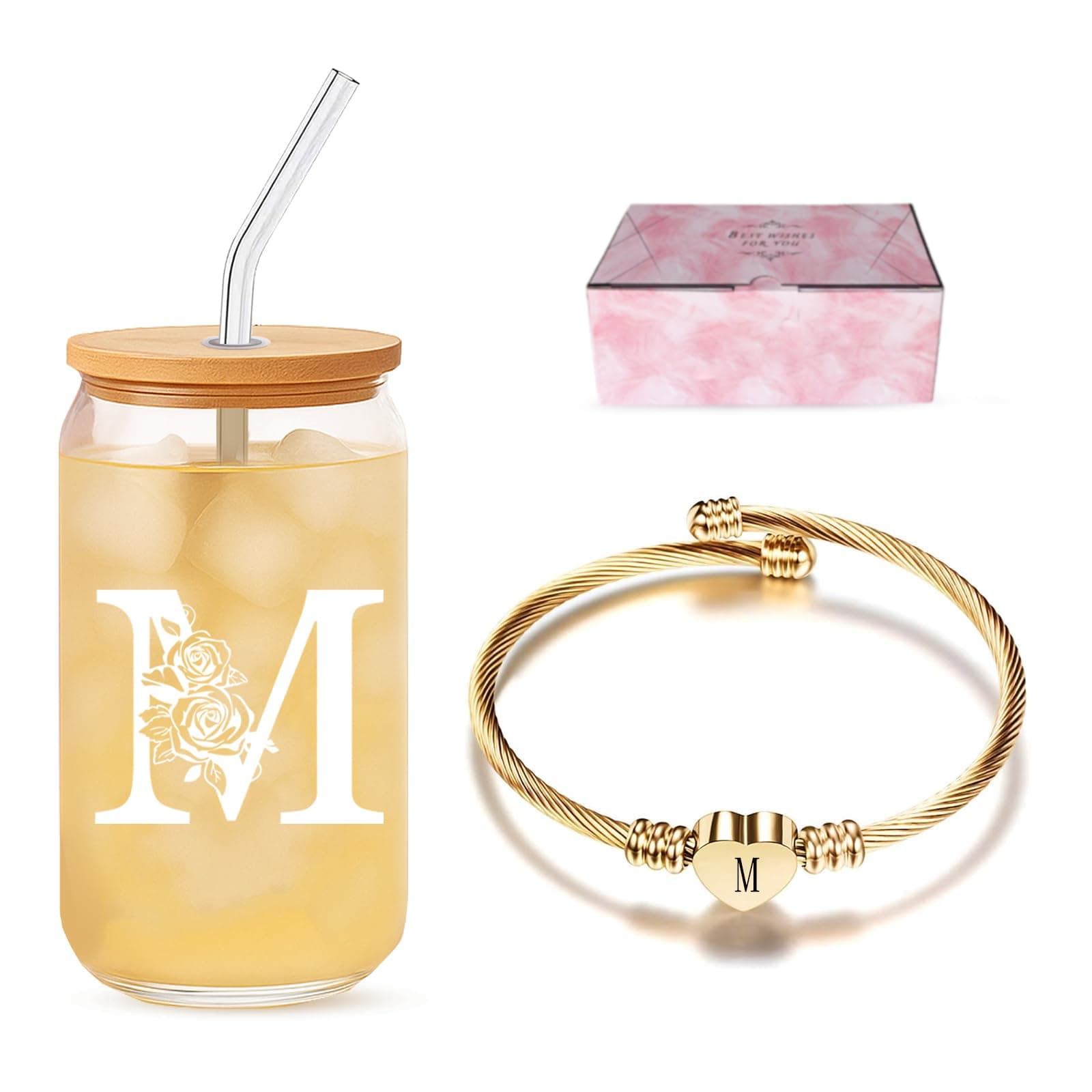 Gifts for Mom, Initial Glass Cup Gift Set with Bracelet, Thoughtful Present for Mama or Mother, Meaningful Keepsake for Her Birthday,Mother’s Day, Just Because or Family Celebration