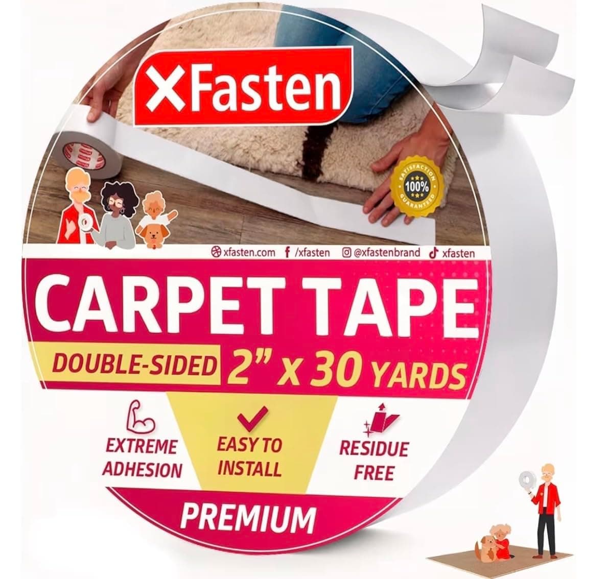 XFasten Ruban Adhésif Double Face pour Tapis Grand Format – Antidérapant, Amovible, 5 cm x 27 m – Fixation Tapis et Moquette sur Parquet et Bois Dur, Sans Résidu