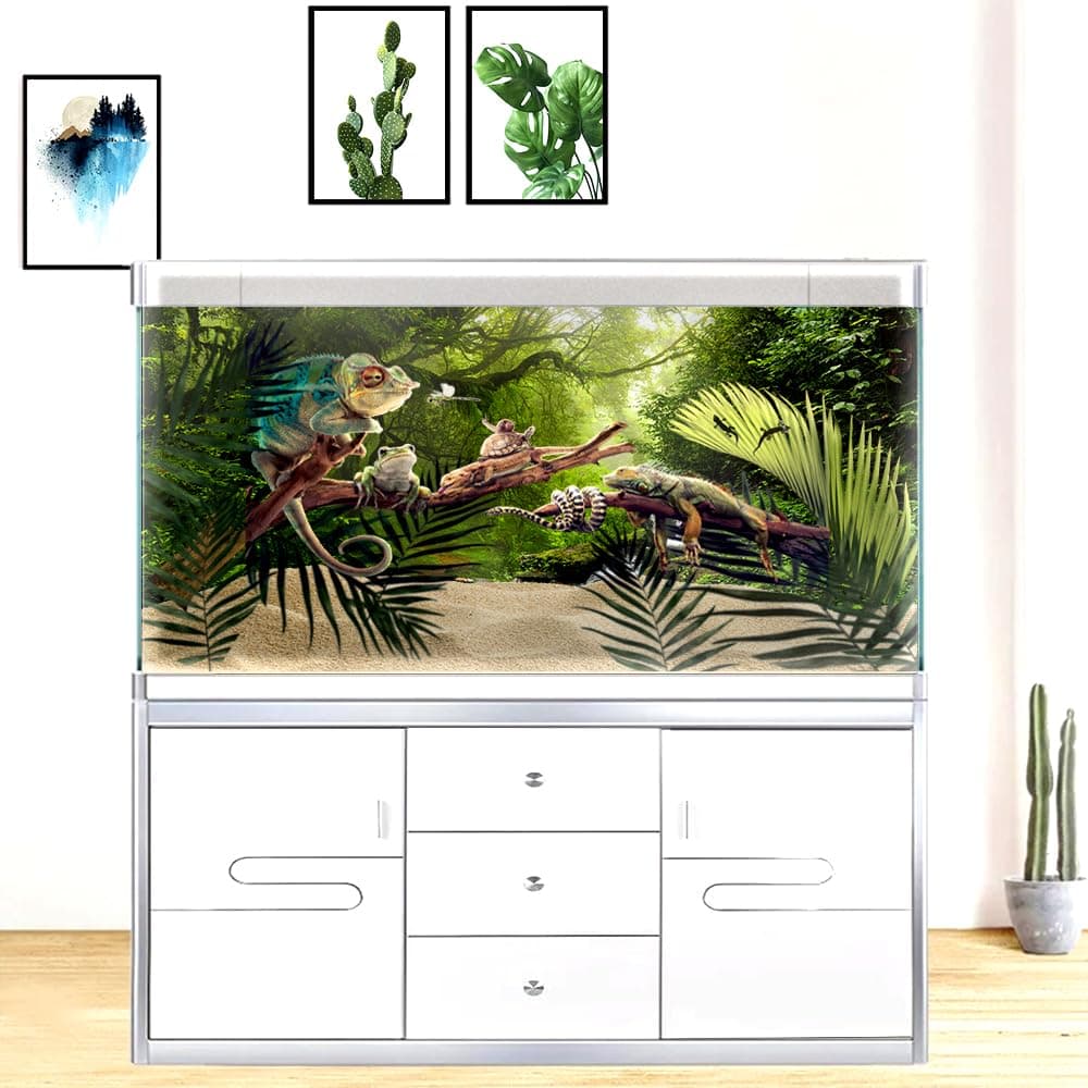 Pinpai 72X18 Inches Reptile Habitat Tank Background, Tropical Forest Stream Terrarium Background Decor, Foggy Rainforest Durable Polyester Background with 8 EVA Double-Sided Tapes