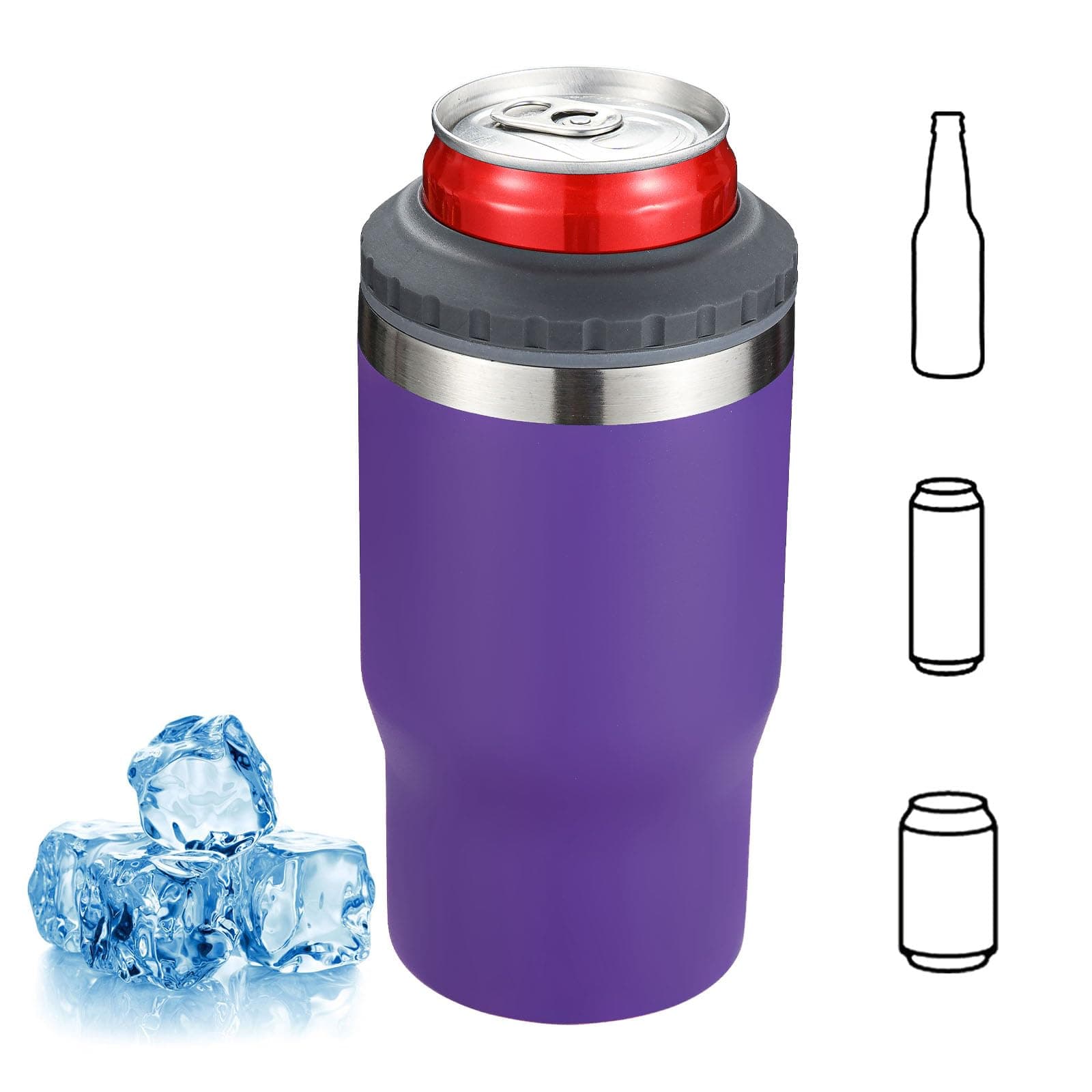 4 in 1 Insulated can Cozy Stainless Steel Bottle and Can Insulator for 12oz Standard Cans, Slim Cans and Beer Bottles, or as a 14oz Frost Buddy with Lid (Purple)