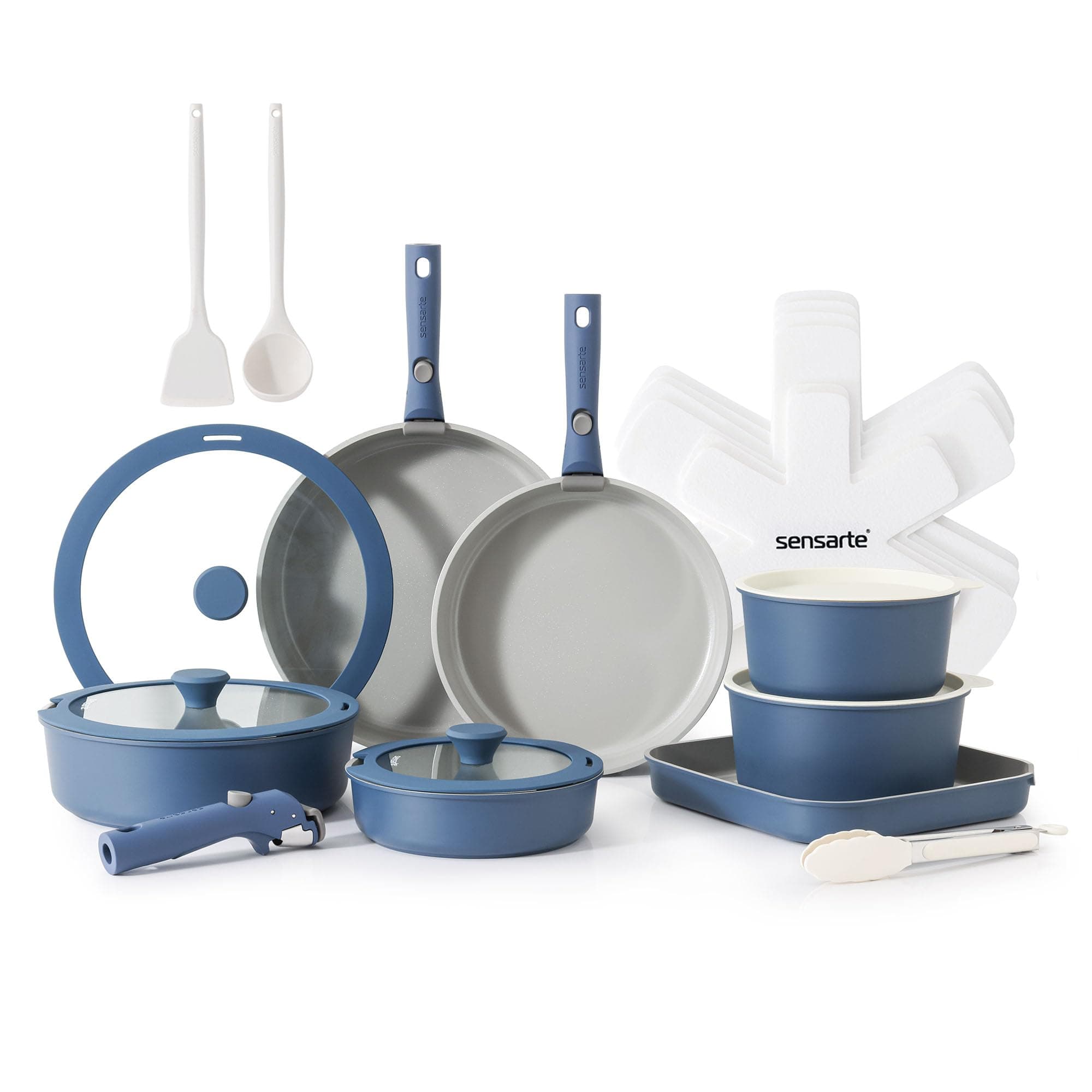 SENSARTE 24 Piece Ceramic Detachable Handle Pots and Pans Set Navy