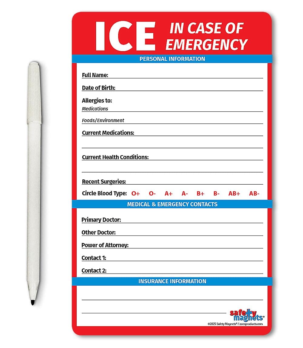 Safety Magnets by ZOCO – in Case of Emergency (ICE) Contact Magnet for Seniors – File of Life Medical Information Card for Fridge – 5.25"x8.5" Laminated Emergency Reference with Marker