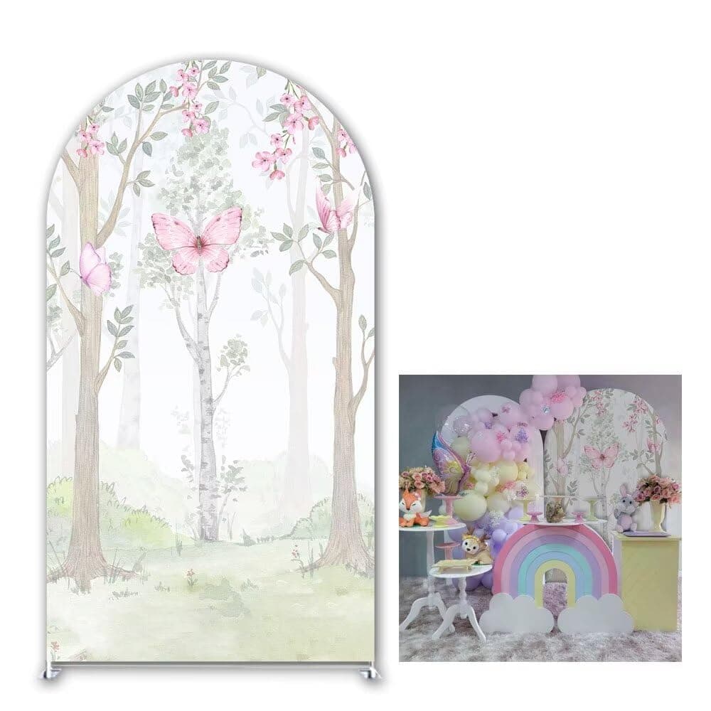 Aerdce Pink Butterfly Arch Backdrop Cover Spring Pink Flowers Stretchy Arched Stands Covers for Girls Birthday Party Photography Backgrounds Supplies(No Stand!)