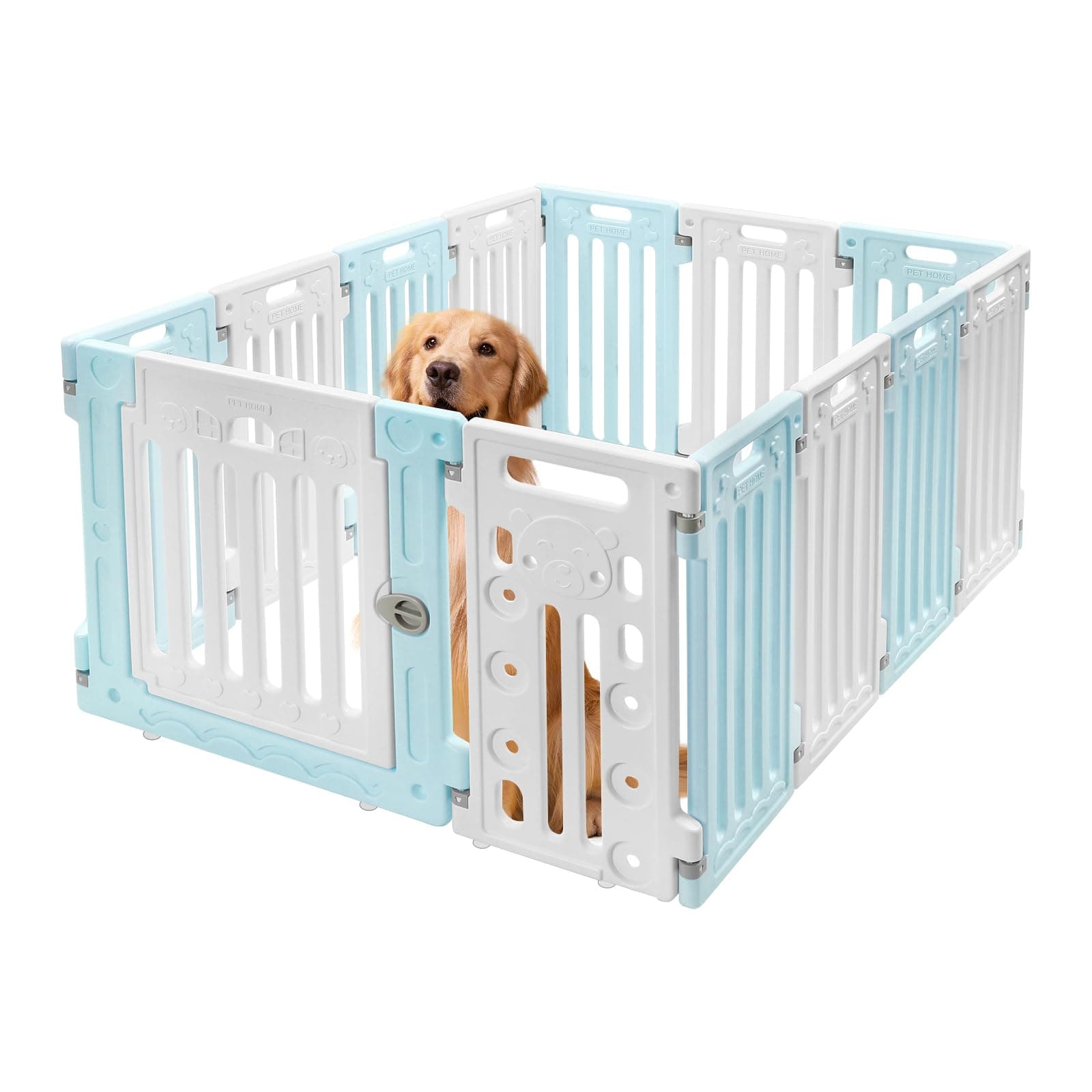 YUMIONB Dog Playpen, Large Pet Playpen with Cute Patterns & 1 Door & 11 Freely Combinable Panels Dog Fence Large Crate for Pets Pet Safety Fence Pet Essentials for Small/Medium Dogs (Blue & White)