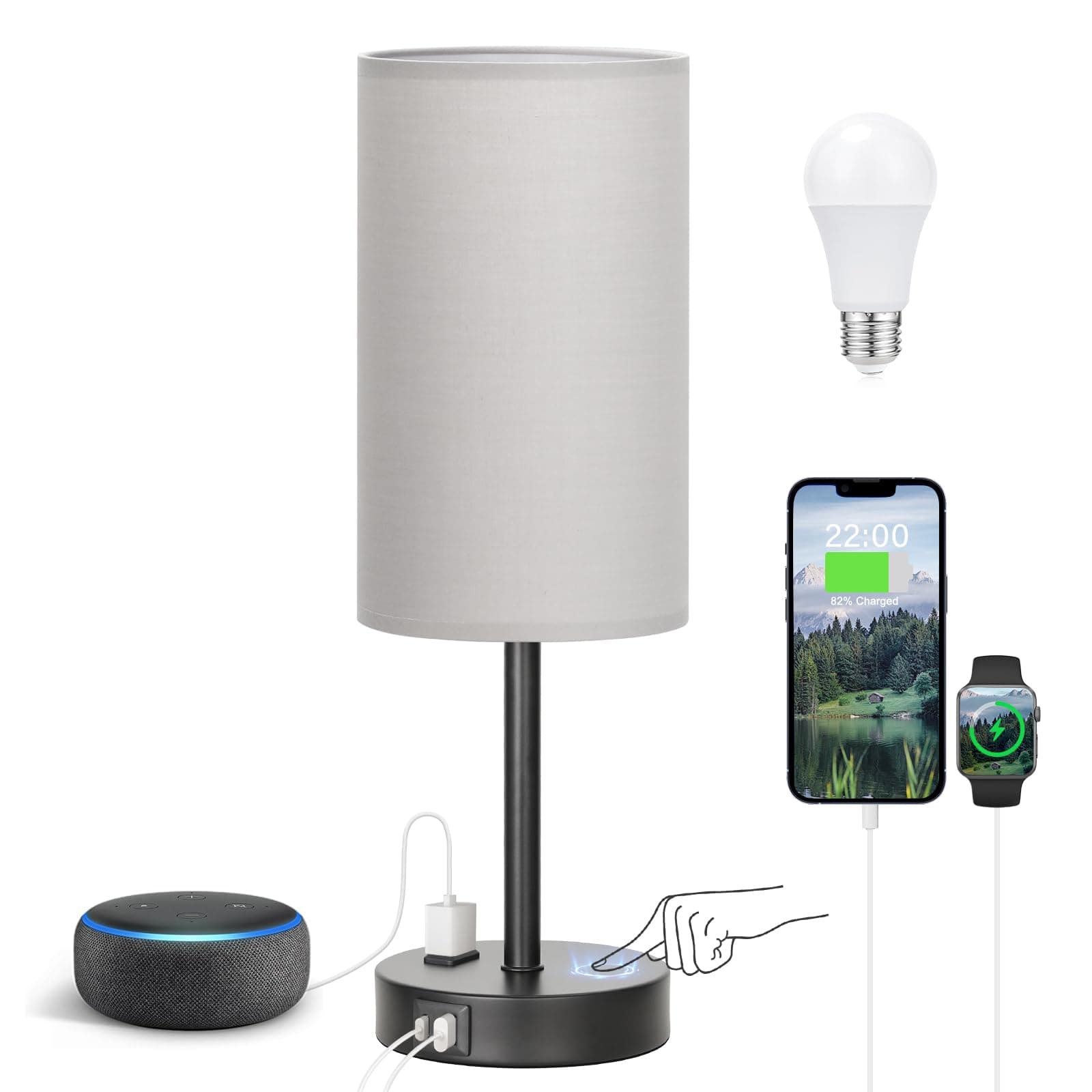 Fenmzee Touch Bedroom Lamp - Grey, 3-Way Dimmable, USB A + C Charging, AC Outlet, 17.4inch Medium
