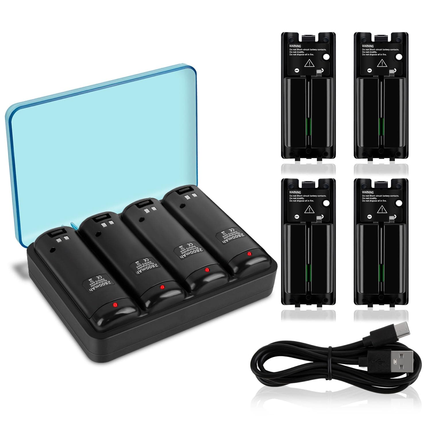 DTianSir Wii Remote Battery Charger,4 in 1 Charging Station with 4 Pack 2800mAh Rechargeable Battery,USB Cable for Wii/Wii U Remote Controller (Black)