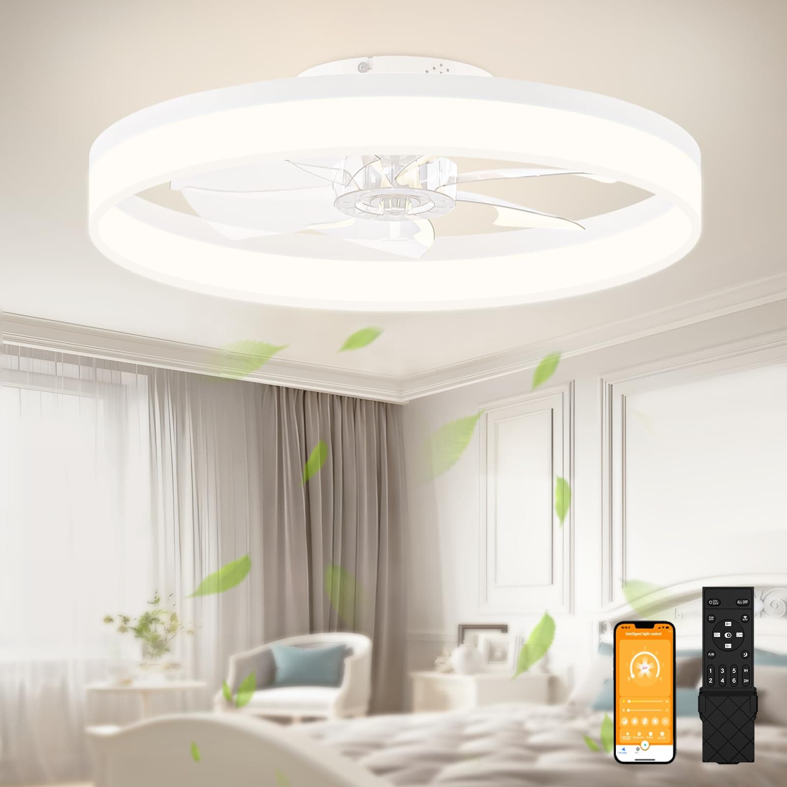 VOLISUN Low Profile Ceiling Fans with Lights and Remote, 23.6in White