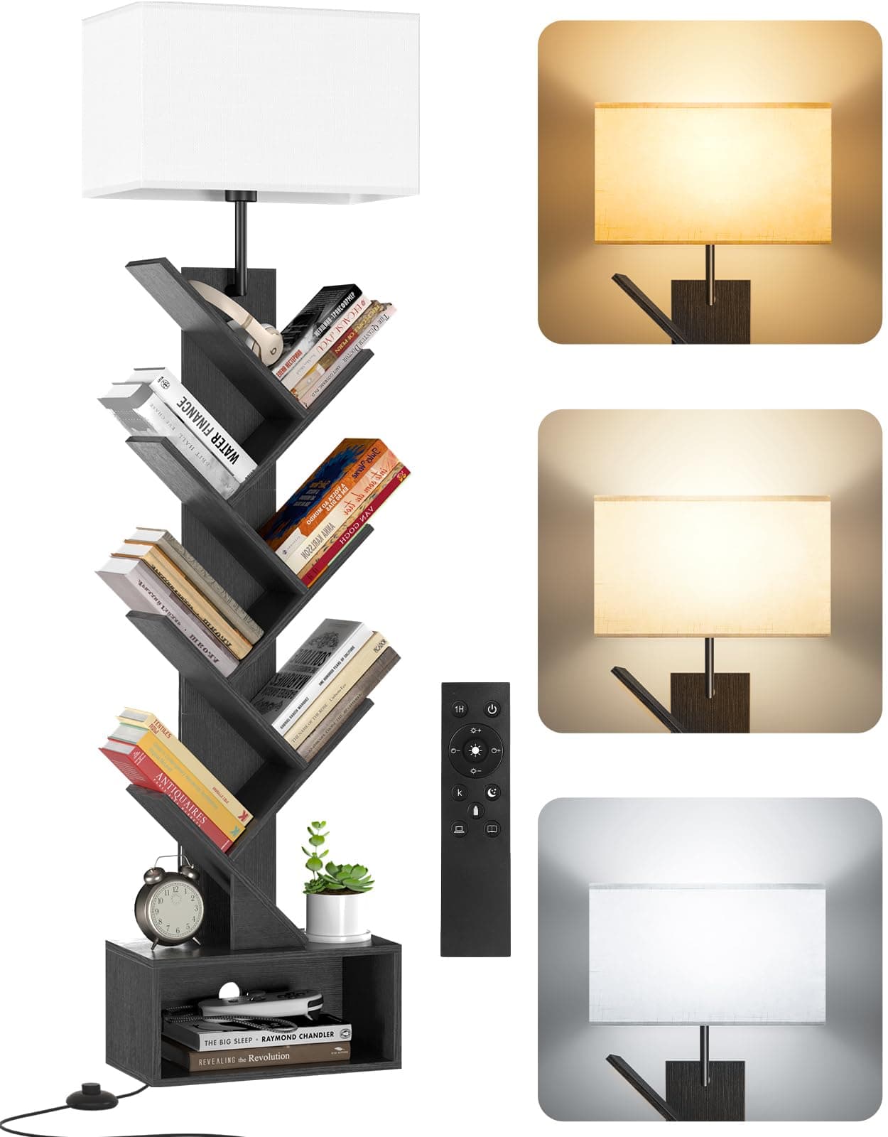 OUTONLIFE 6 Tier Tree Bookshelf with Light & Remote, Dimmable Tall Floor Standing Book Shelf, Narrow Wood Bookcase for Books/CDs, Small Book Organizer Shelves for Bedroom, Living Room, Office (Black)