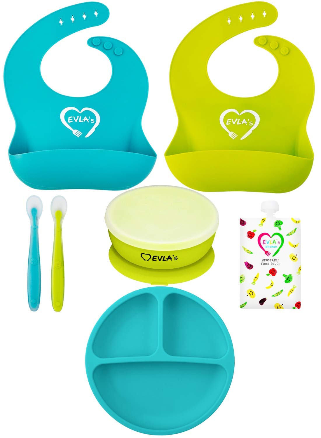 EVLA'S Baby Feeding Set, Baby Led Weaning Supplies, Adjustable Silicone Bibs, Divided Plate, Suction Bowl with Lid, Soft Spoons for Babies or Toddlers, Baby Registry must have!(Blue and Green)